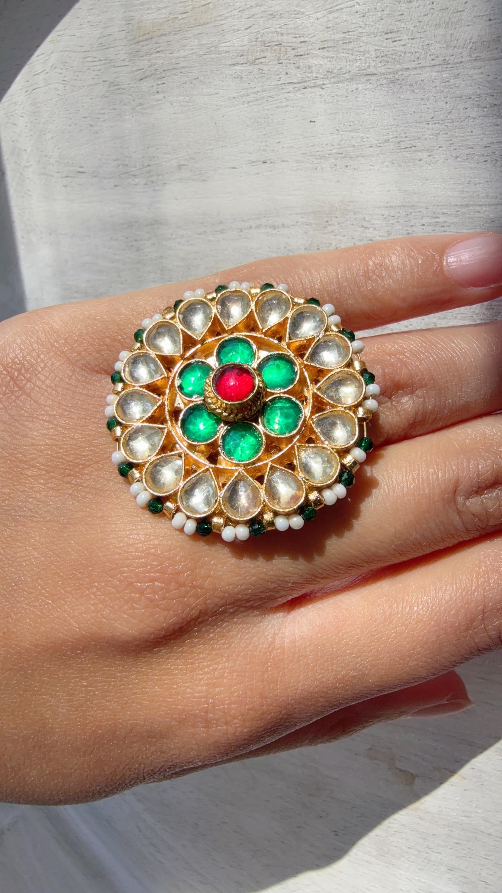 Jadau Pachi Kundan Ruby green finger ring /Bridal Kundan Moissanite diamond Ring/Adjustable Ring/Diamond Ring /Indian Wedding jewelry/