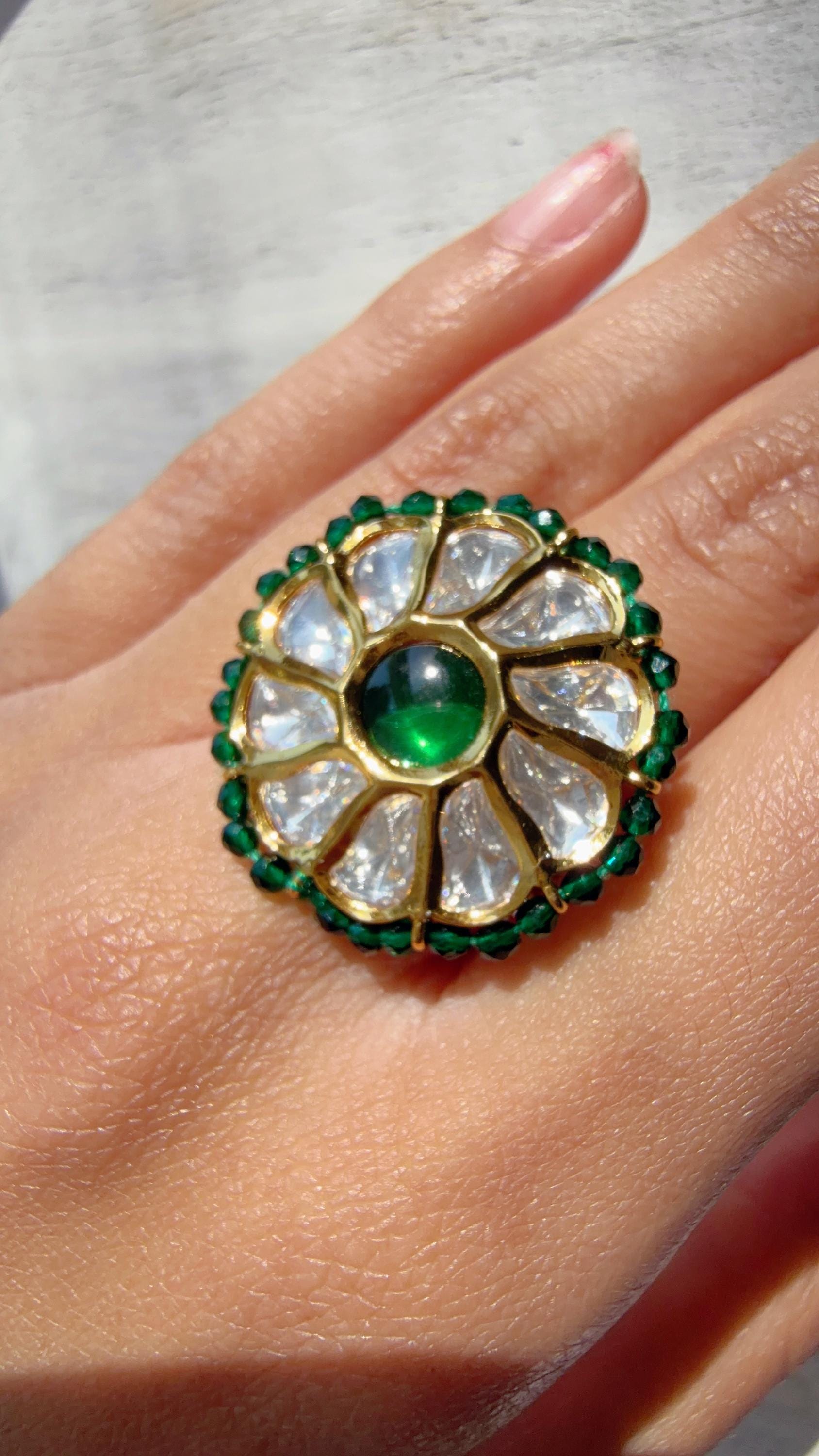 Jadau Pachi Kundan green finger ring /Bridal Kundan Moissanite diamond Ring/Adjustable Ring/Diamond Ring /Indian Wedding jewelry/