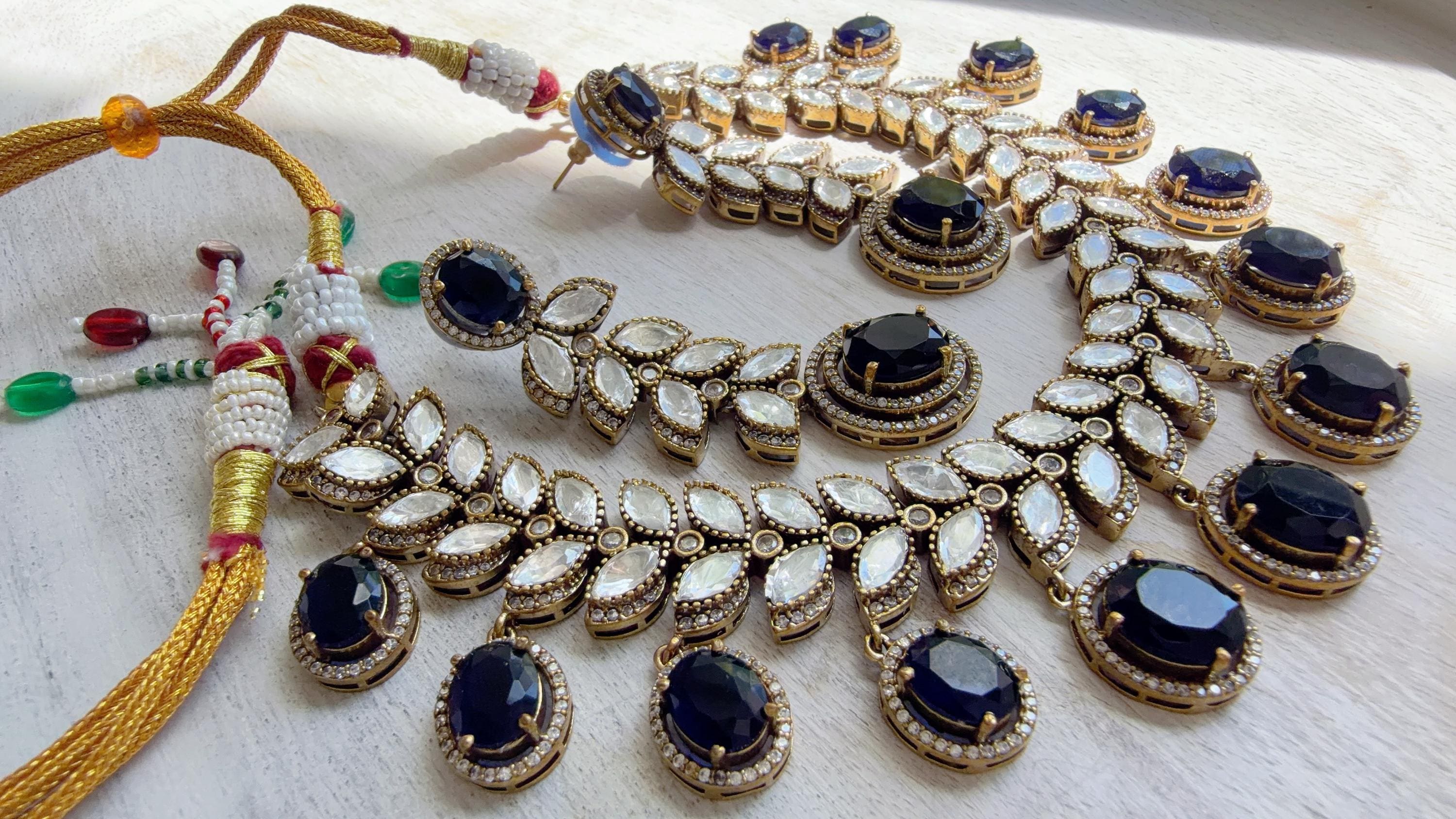 Blue Bridal Necklace Set | Moissanite Polki Kundan Necklace | Indian Wedding Jewelry | Statement Necklace
