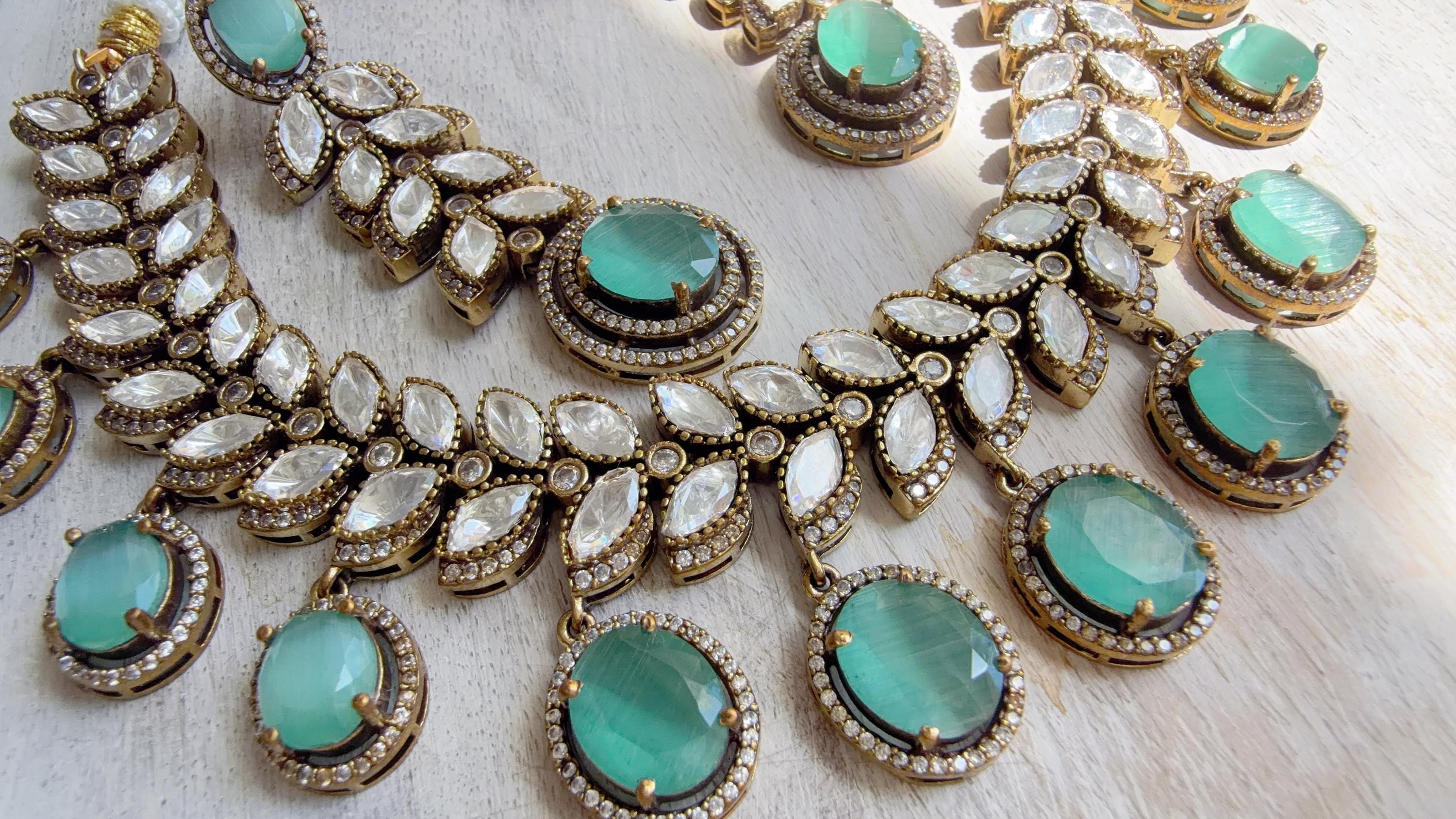 Mint Bridal Necklace Set | Moissanite Polki Kundan Necklace | Indian Wedding Jewelry | Statement Necklace