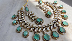 Mint Bridal Necklace Set | Moissanite Polki Kundan Necklace | Indian Wedding Jewelry | Statement Necklace