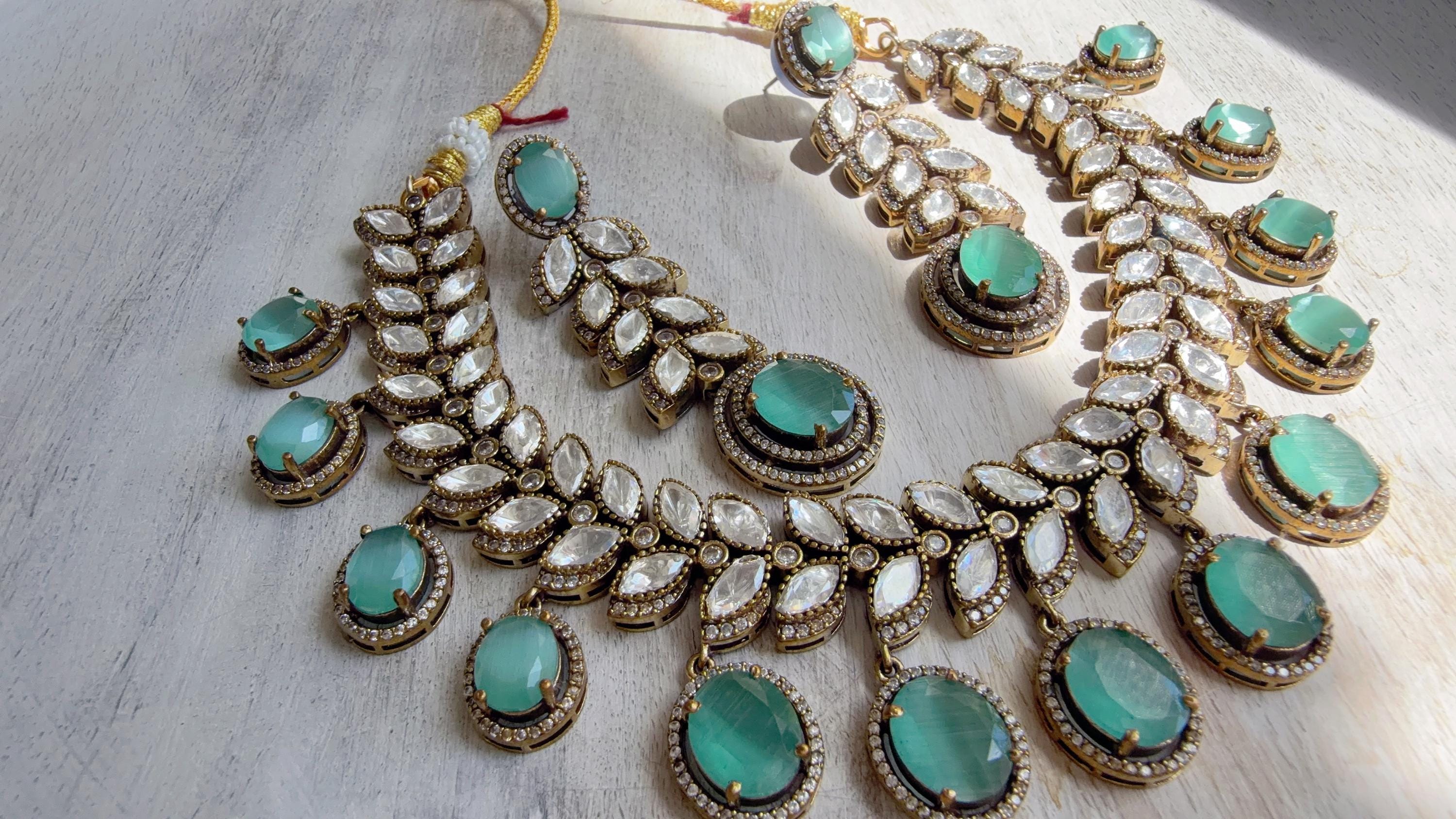 Mint Bridal Necklace Set | Moissanite Polki Kundan Necklace | Indian Wedding Jewelry | Statement Necklace