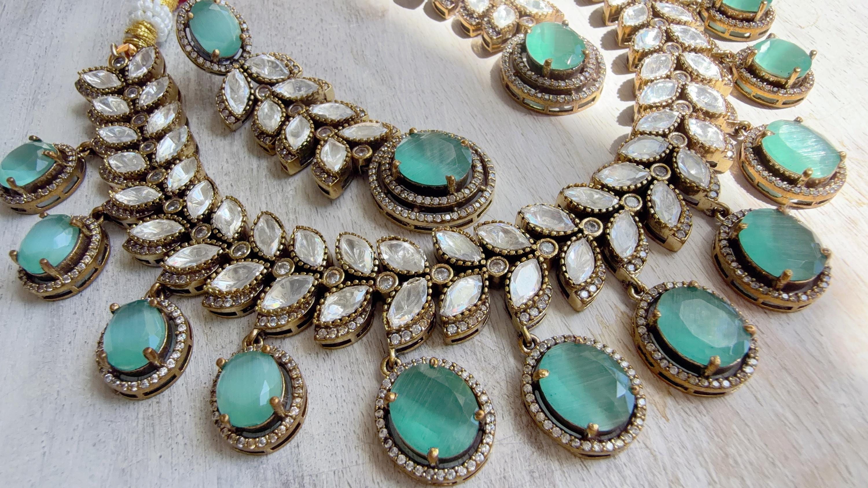 Mint Bridal Necklace Set | Moissanite Polki Kundan Necklace | Indian Wedding Jewelry | Statement Necklace