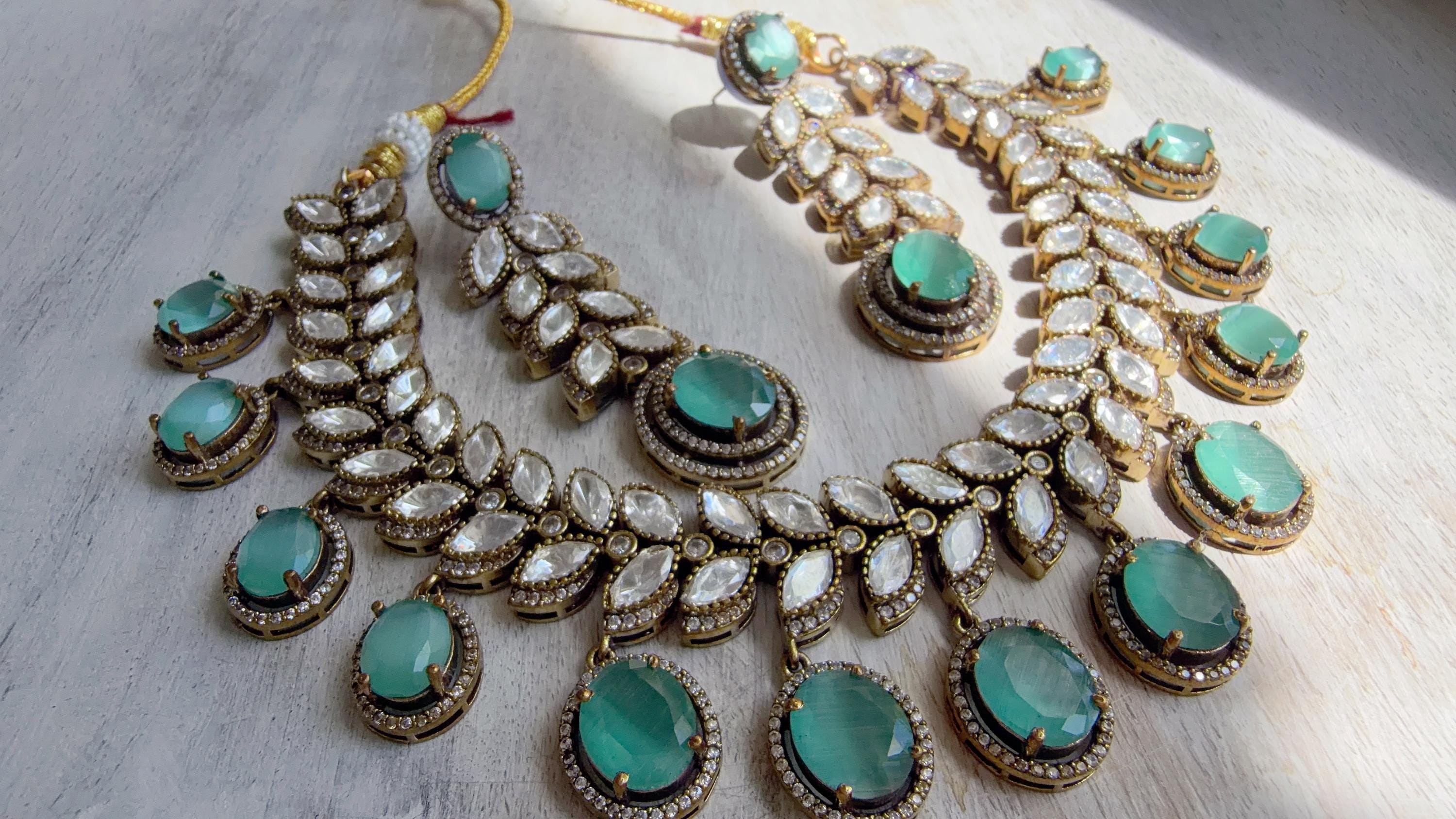 Mint Bridal Necklace Set | Moissanite Polki Kundan Necklace | Indian Wedding Jewelry | Statement Necklace