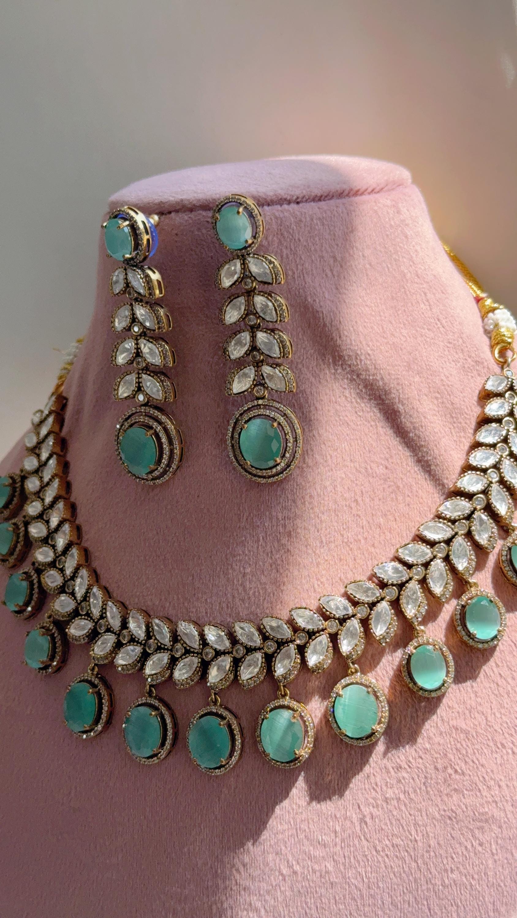 Mint Bridal Necklace Set | Moissanite Polki Kundan Necklace | Indian Wedding Jewelry | Statement Necklace