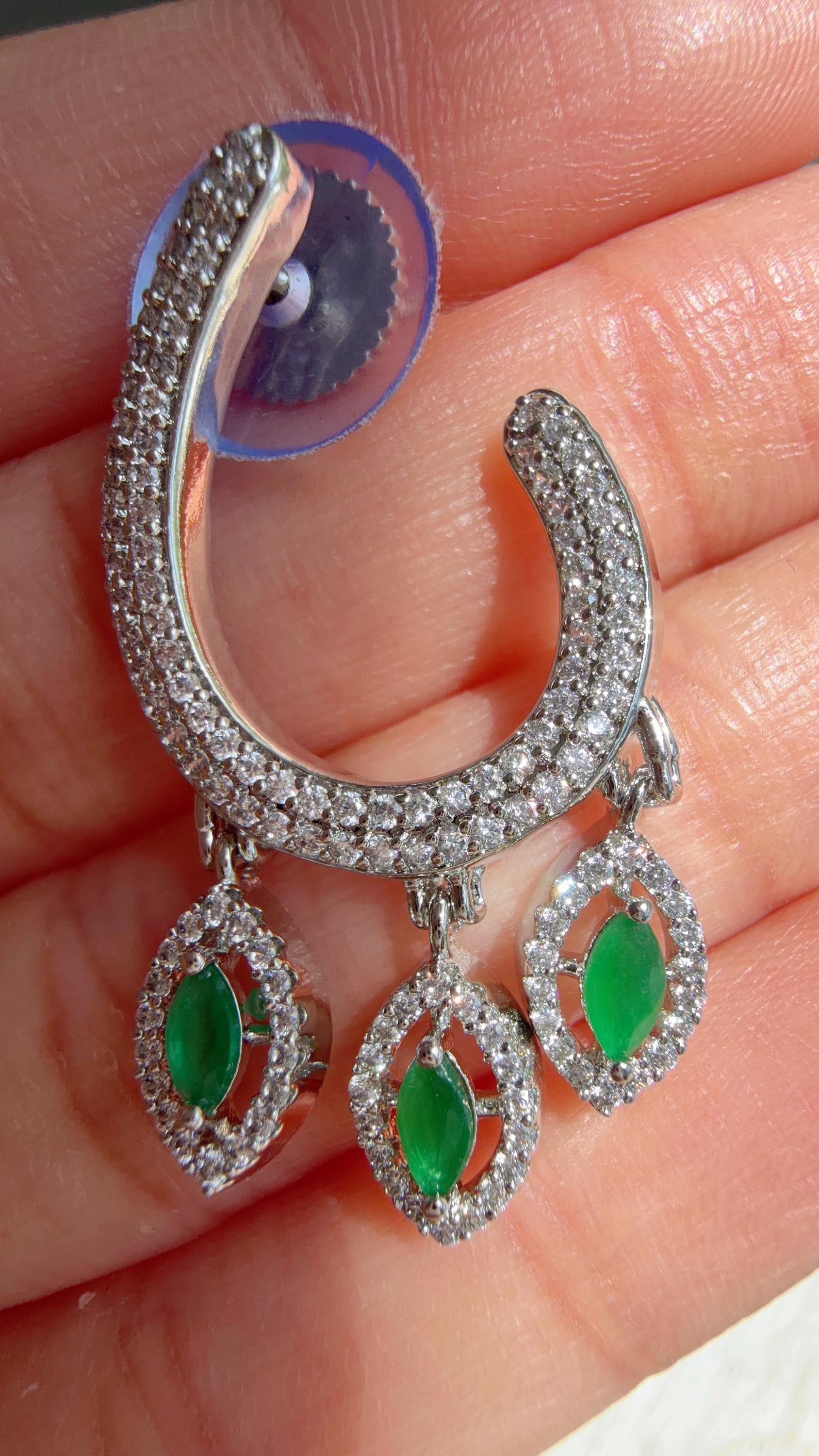 Emerald Green Moissanite CZ hasli Necklace Set | Silver Tone Indian Bridal Jewelry | Statement Wedding Collar Necklace