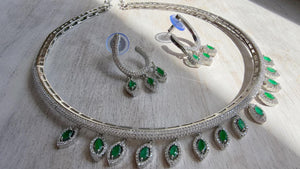 Emerald Green Moissanite CZ hasli Necklace Set | Silver Tone Indian Bridal Jewelry | Statement Wedding Collar Necklace