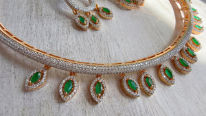 Emerald Green Moissanite CZ hasli Necklace Set | 2 Tone Indian Bridal Jewelry | Statement Wedding Collar Necklace