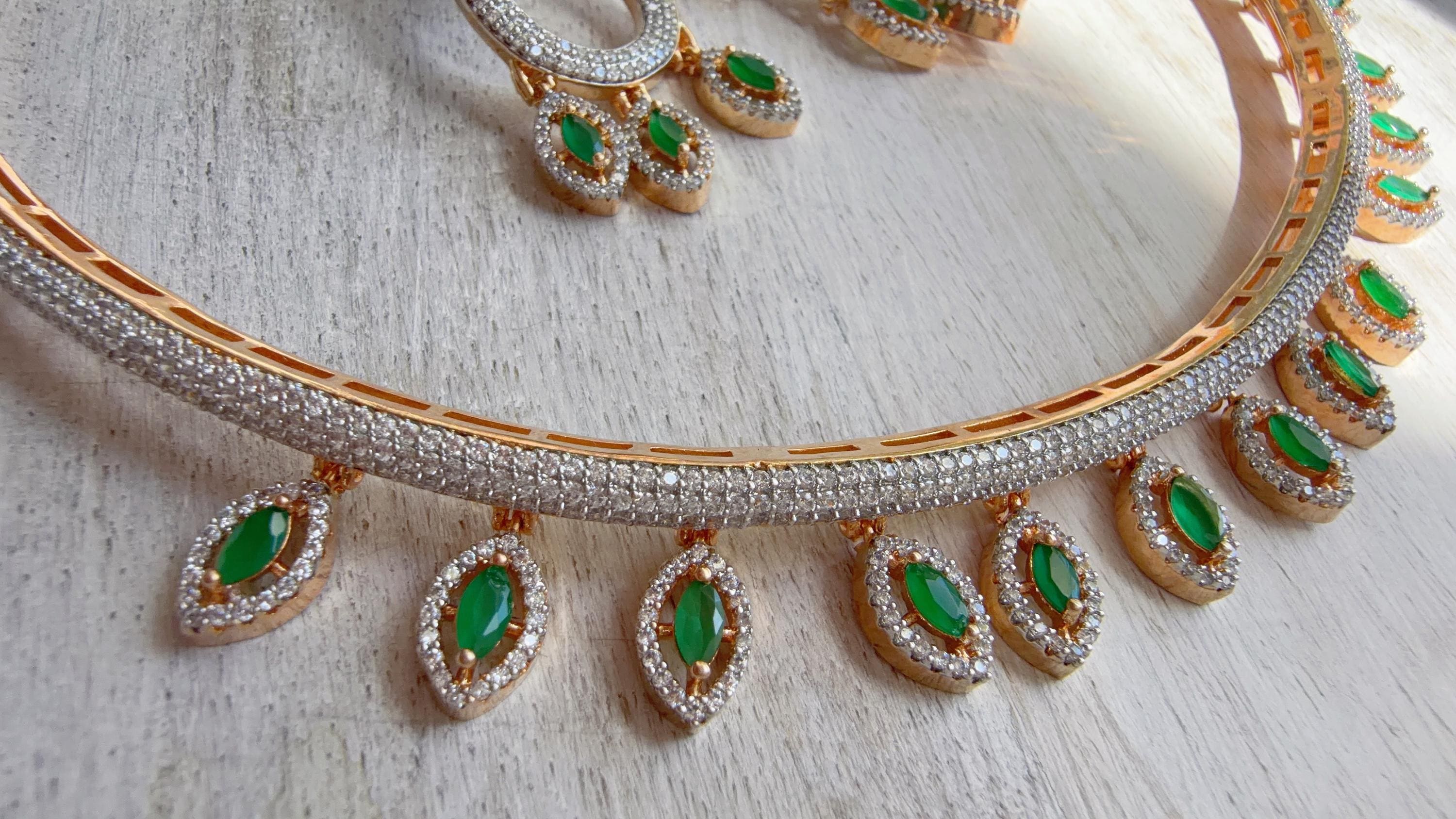 Emerald Green Moissanite CZ hasli Necklace Set | 2 Tone Indian Bridal Jewelry | Statement Wedding Collar Necklace