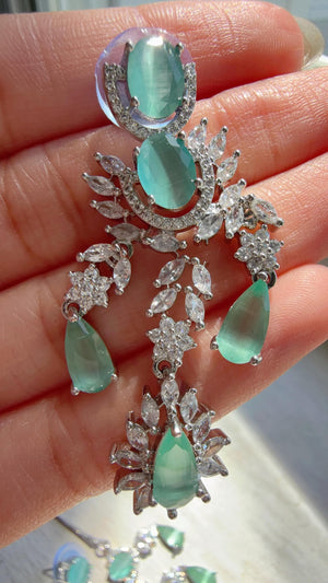 Mint CZ Statement Necklace Set | Silver Tone Indian Bridal Jewelry | Wedding & Reception Necklace