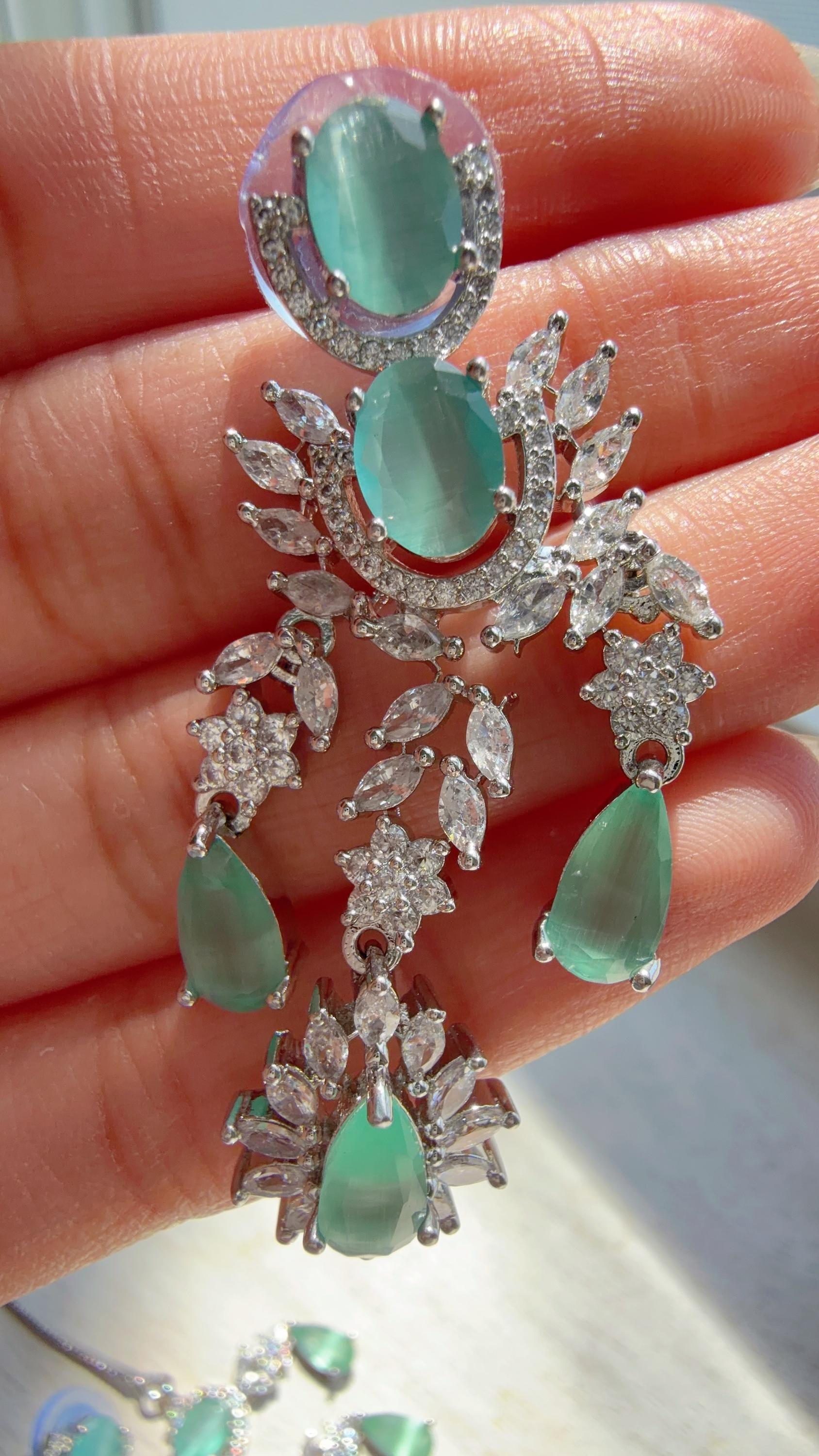 Mint CZ Statement Necklace Set | Silver Tone Indian Bridal Jewelry | Wedding & Reception Necklace