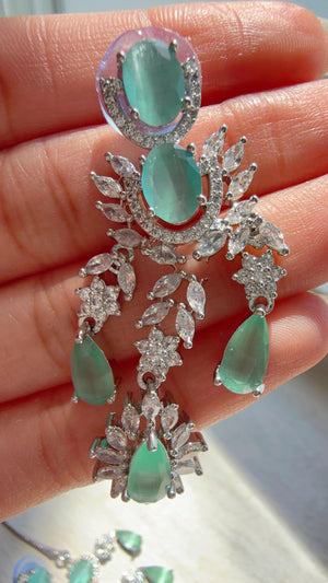 Mint CZ Statement Necklace Set | Silver Tone Indian Bridal Jewelry | Wedding & Reception Necklace