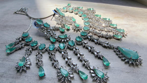 Mint CZ Statement Necklace Set | Silver Tone Indian Bridal Jewelry | Wedding & Reception Necklace