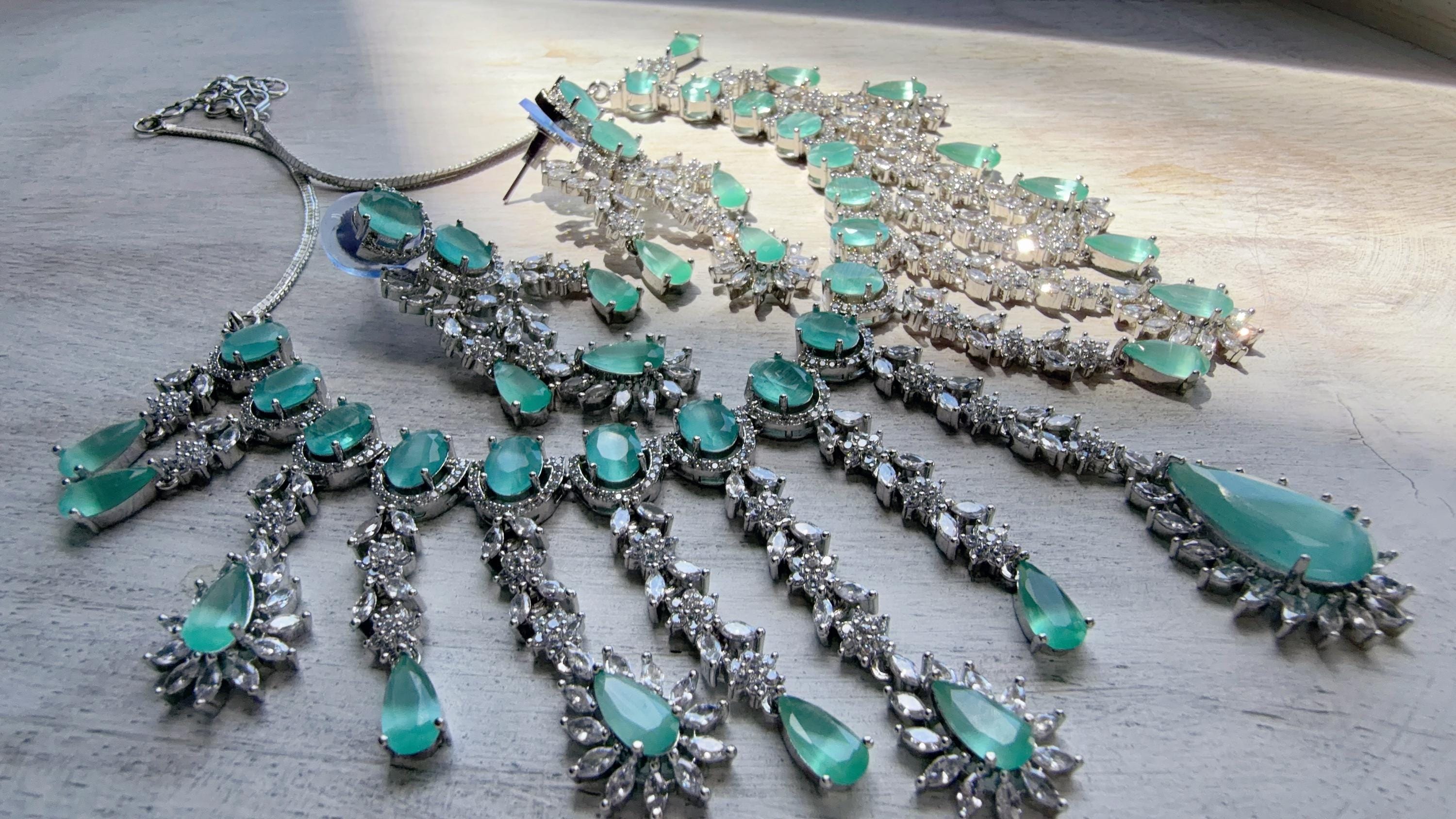 Mint CZ Statement Necklace Set | Silver Tone Indian Bridal Jewelry | Wedding & Reception Necklace