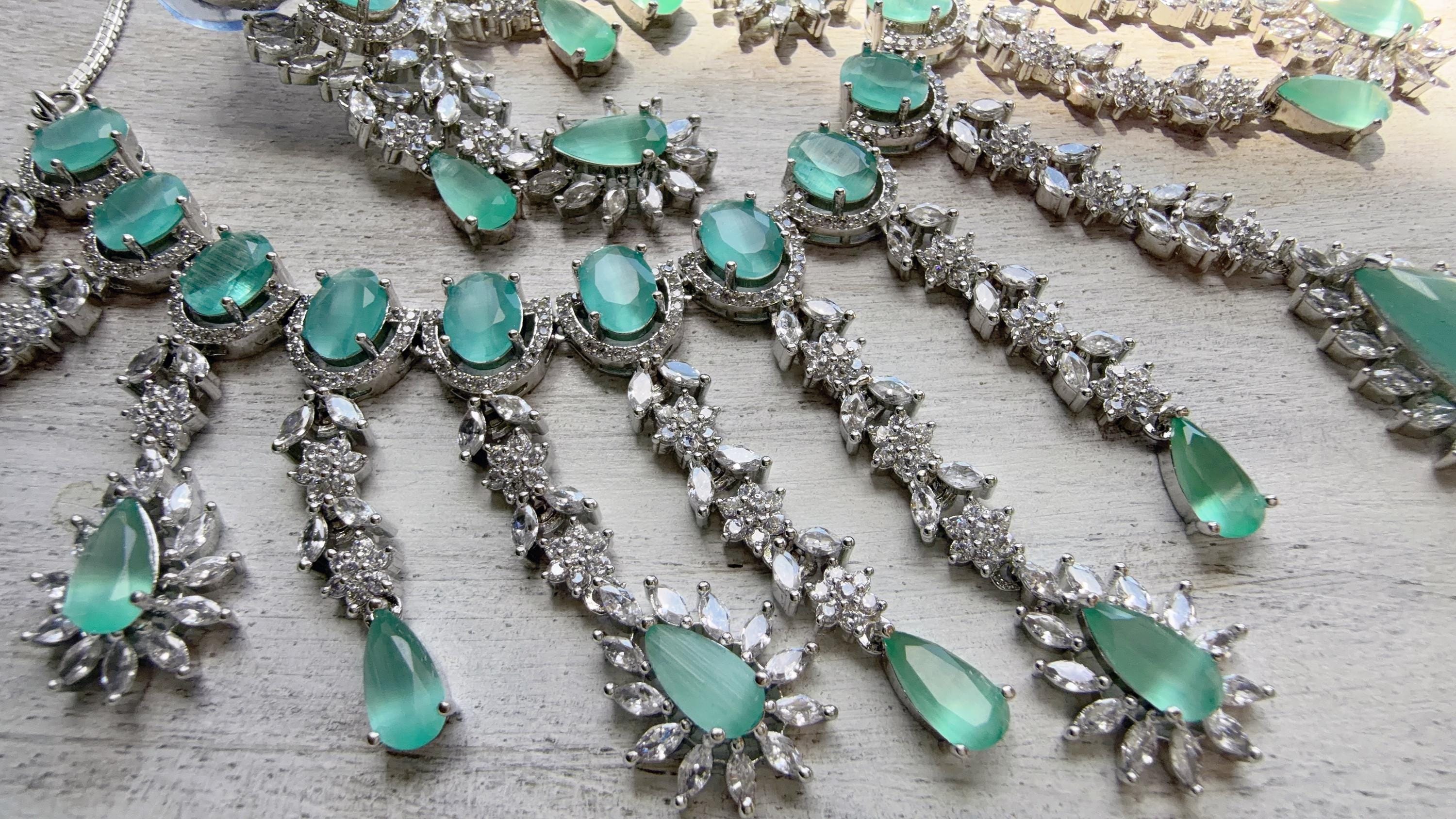 Mint CZ Statement Necklace Set | Silver Tone Indian Bridal Jewelry | Wedding & Reception Necklace