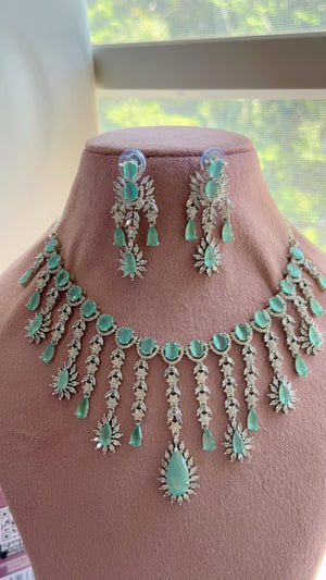 Mint CZ Statement Necklace Set | Silver Tone Indian Bridal Jewelry | Wedding & Reception Necklace