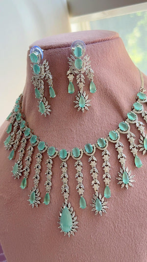 Mint CZ Statement Necklace Set | Silver Tone Indian Bridal Jewelry | Wedding & Reception Necklace