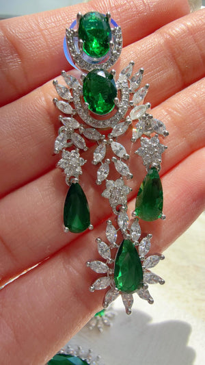 Green Emerald CZ Statement Necklace Set | Silver Tone Indian Bridal Jewelry | Wedding & Reception Necklace