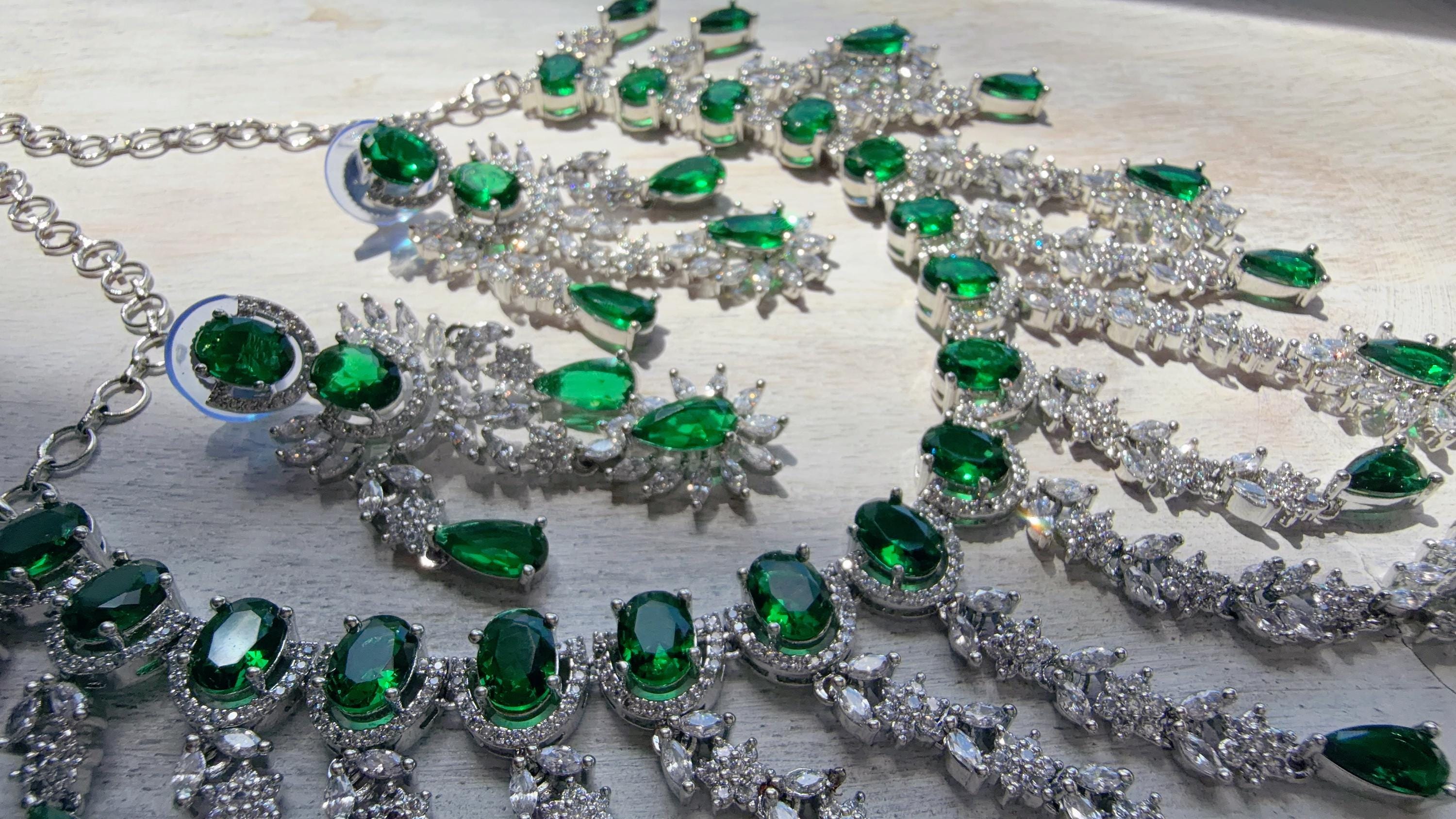 Green Emerald CZ Statement Necklace Set | Silver Tone Indian Bridal Jewelry | Wedding & Reception Necklace