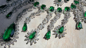 Green Emerald CZ Statement Necklace Set | Silver Tone Indian Bridal Jewelry | Wedding & Reception Necklace