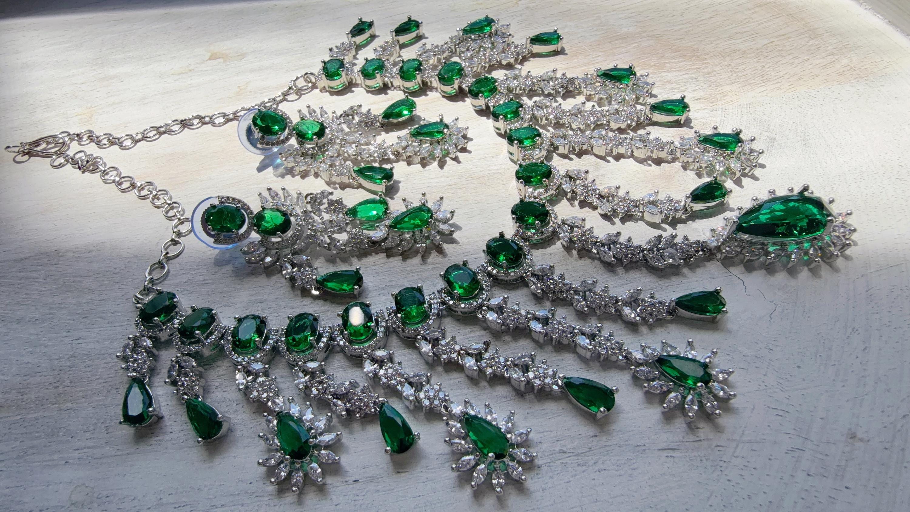 Green Emerald CZ Statement Necklace Set | Silver Tone Indian Bridal Jewelry | Wedding & Reception Necklace