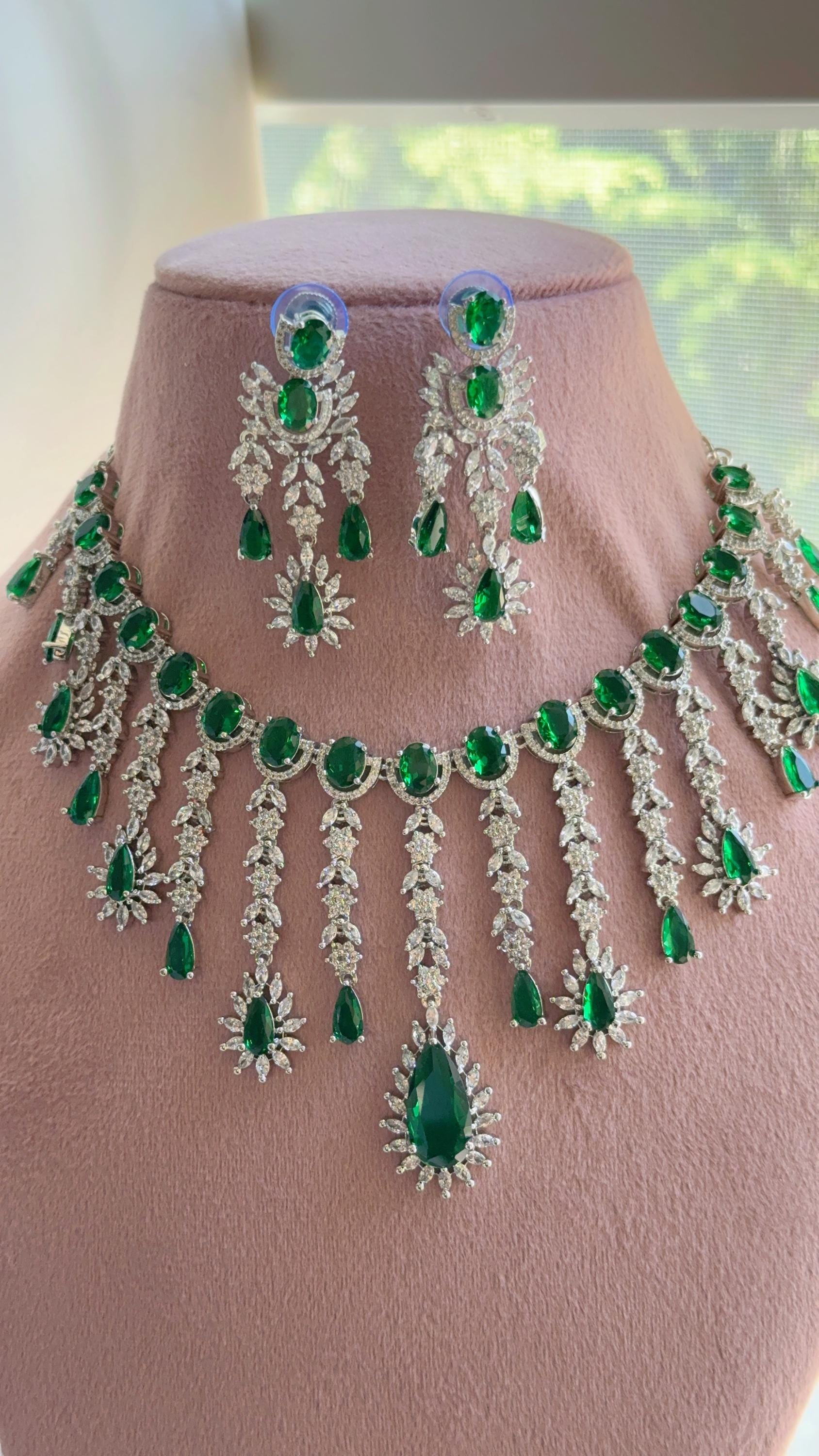 Green Emerald CZ Statement Necklace Set | Silver Tone Indian Bridal Jewelry | Wedding & Reception Necklace