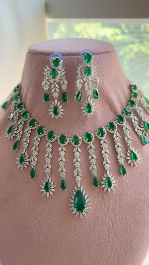 Green Emerald CZ Statement Necklace Set | Silver Tone Indian Bridal Jewelry | Wedding & Reception Necklace