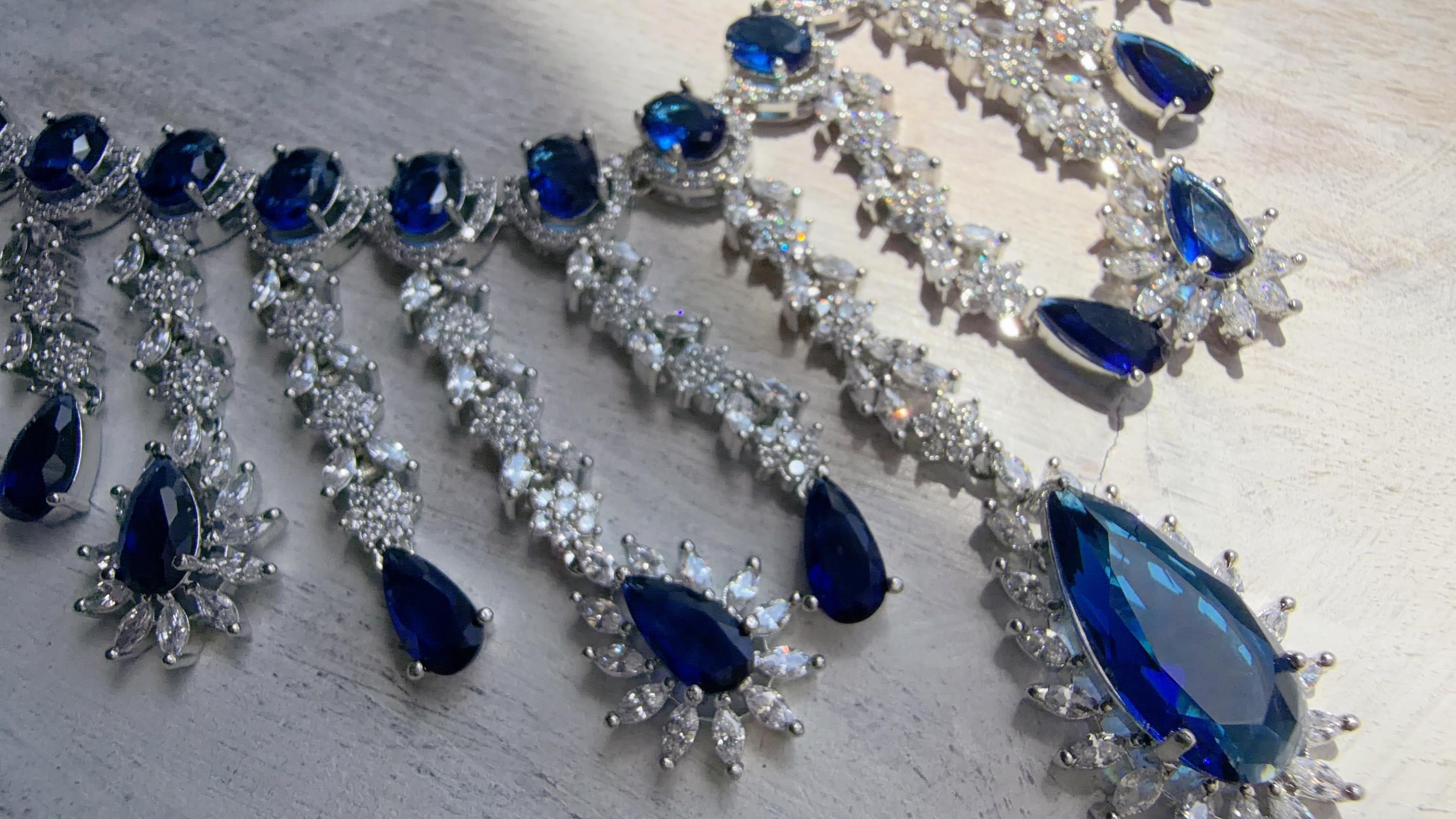 Blue Sapphire CZ Statement Necklace Set | Silver Tone Indian Bridal Jewelry | Wedding & Reception Necklace