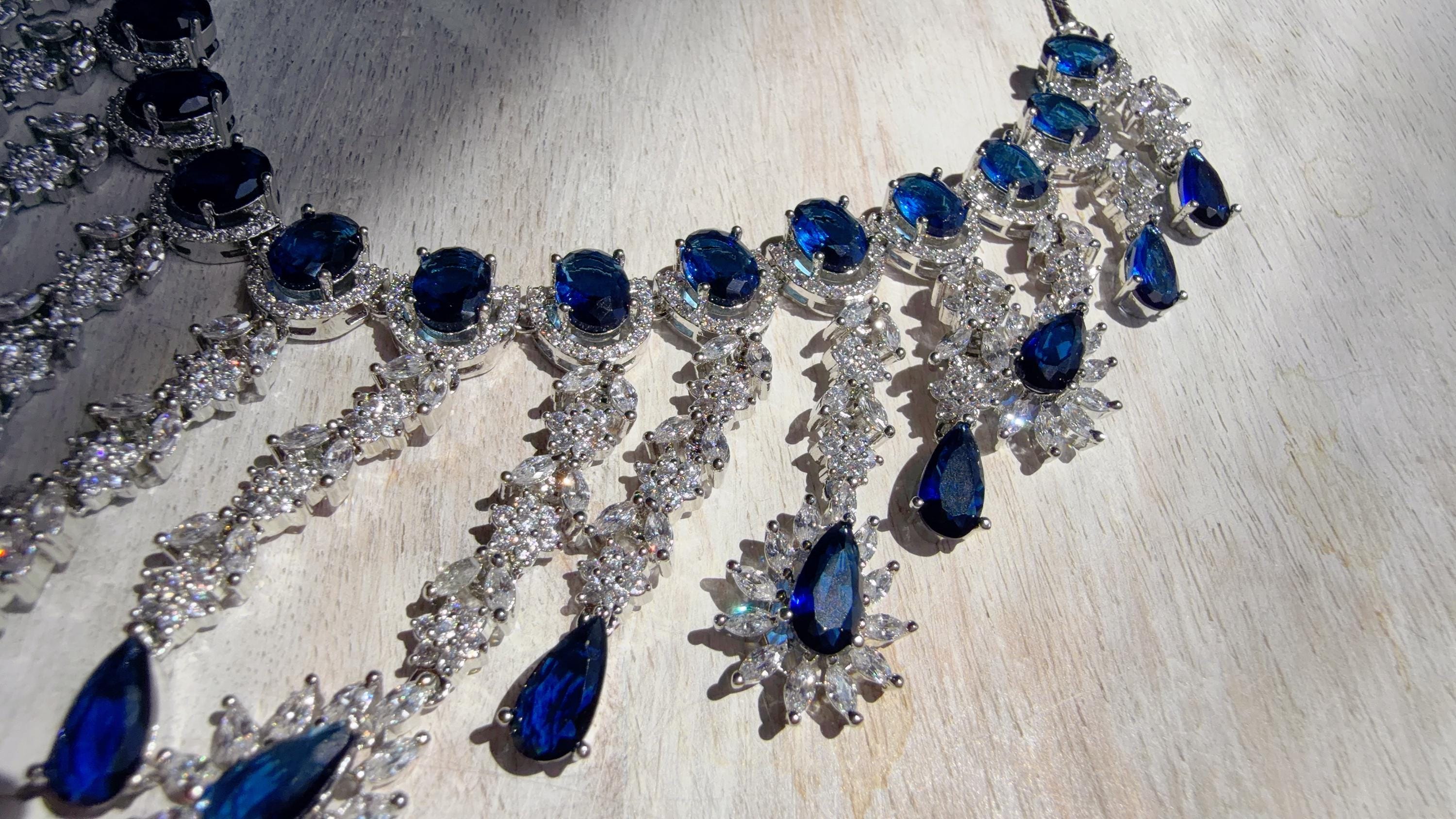 Blue Sapphire CZ Statement Necklace Set | Silver Tone Indian Bridal Jewelry | Wedding & Reception Necklace
