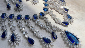 Blue Sapphire CZ Statement Necklace Set | Silver Tone Indian Bridal Jewelry | Wedding & Reception Necklace