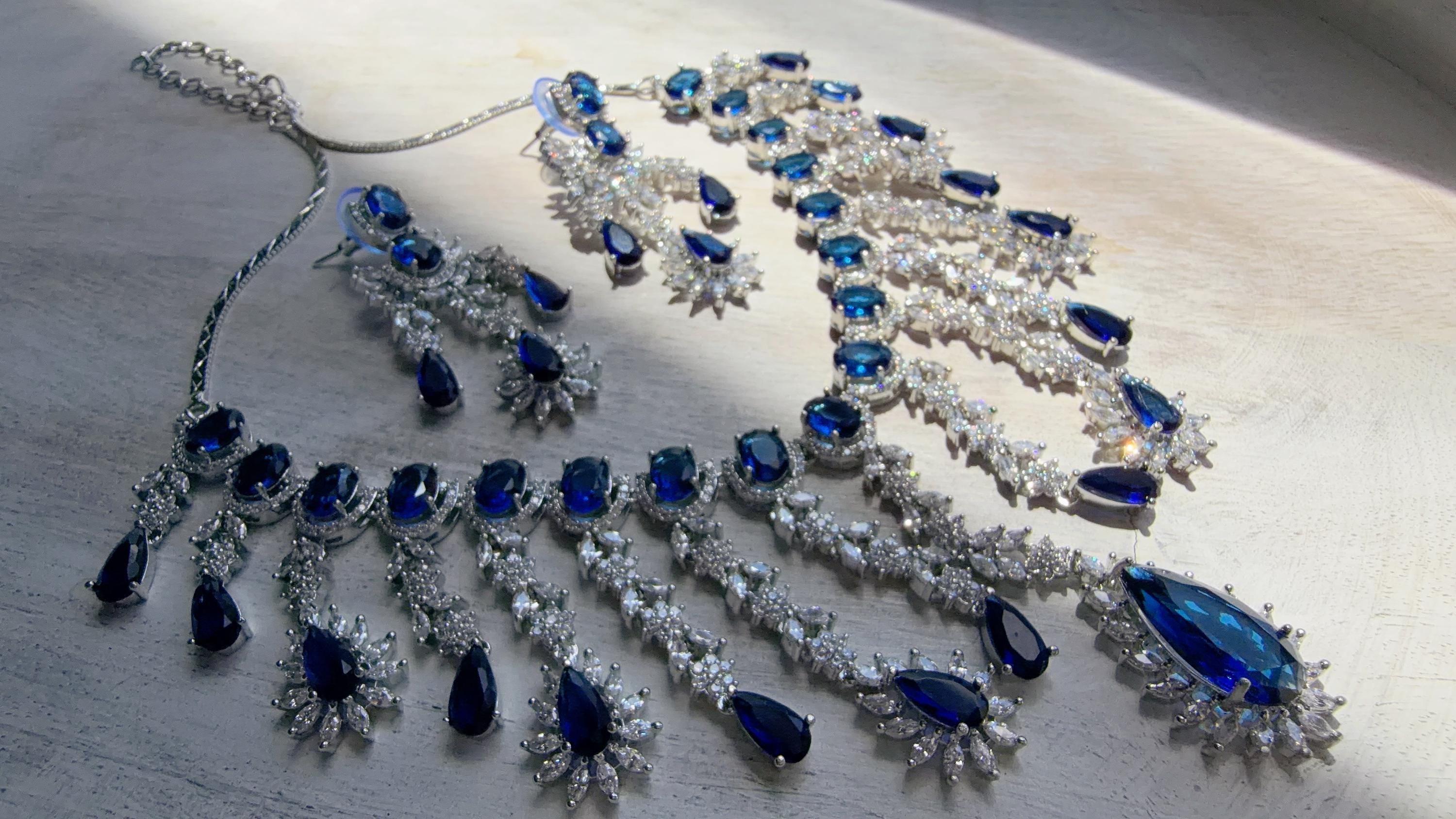 Blue Sapphire CZ Statement Necklace Set | Silver Tone Indian Bridal Jewelry | Wedding & Reception Necklace