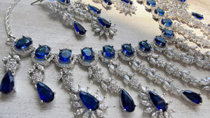 Blue Sapphire CZ Statement Necklace Set | Silver Tone Indian Bridal Jewelry | Wedding & Reception Necklace