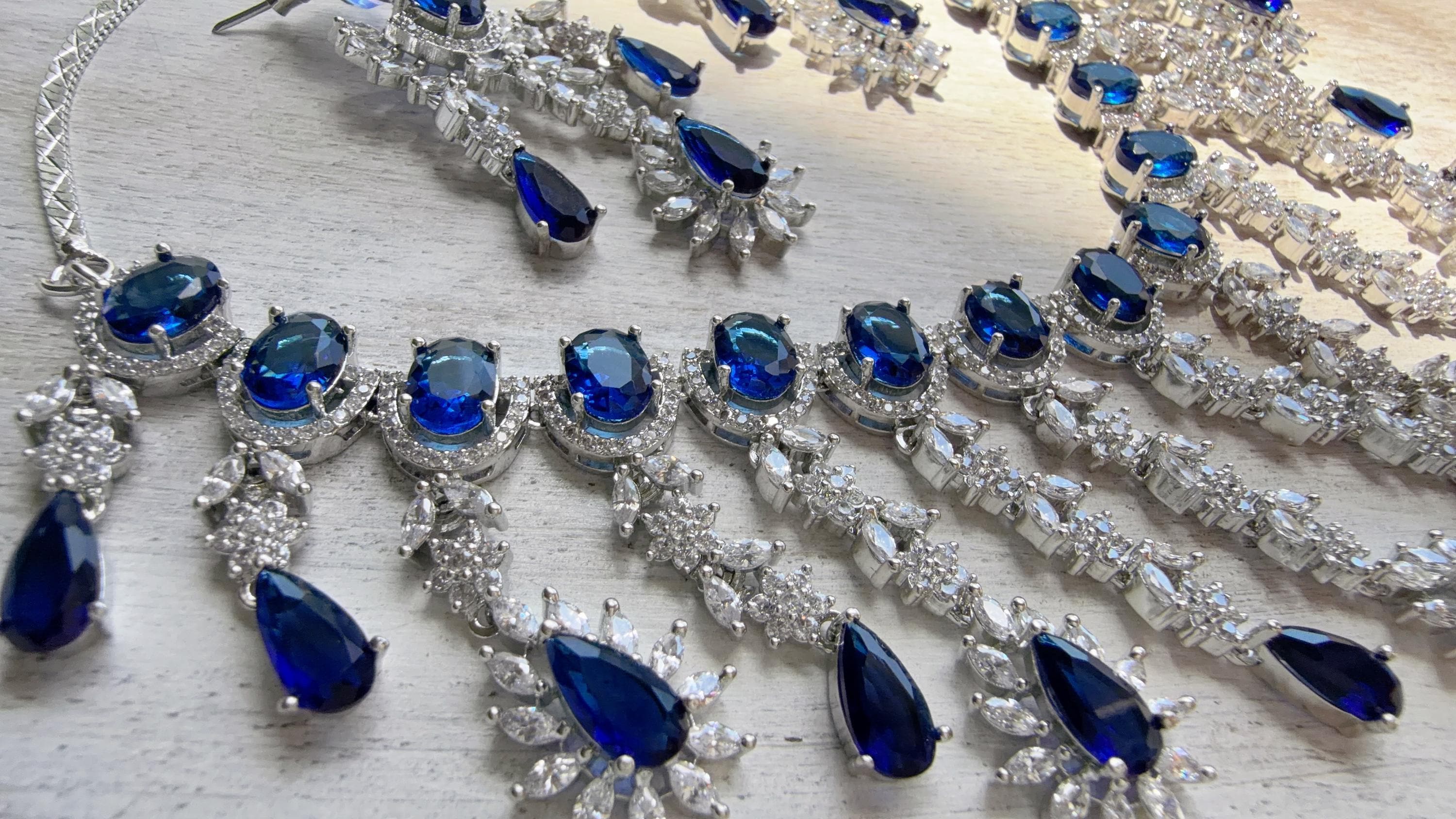 Blue Sapphire CZ Statement Necklace Set | Silver Tone Indian Bridal Jewelry | Wedding & Reception Necklace