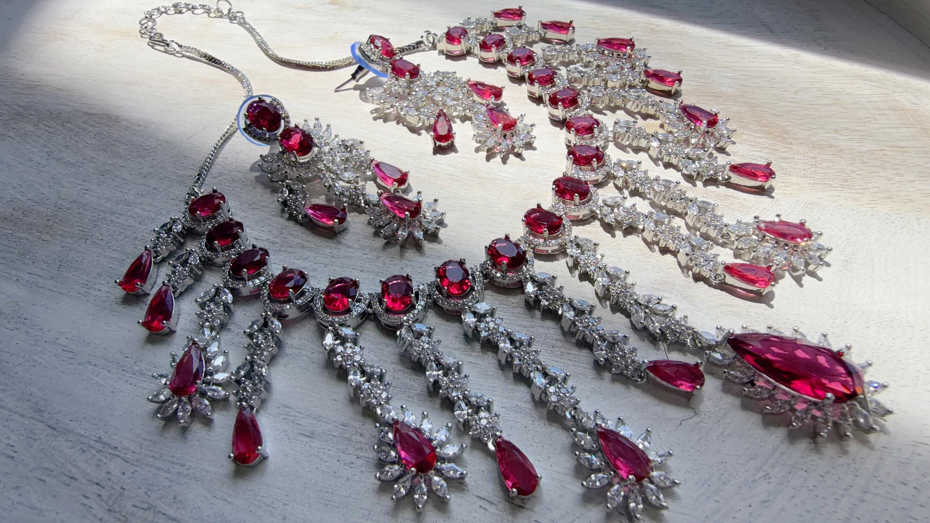 Ruby CZ Statement Necklace Set | Silver Tone Indian Bridal Jewelry | Wedding & Reception Necklace