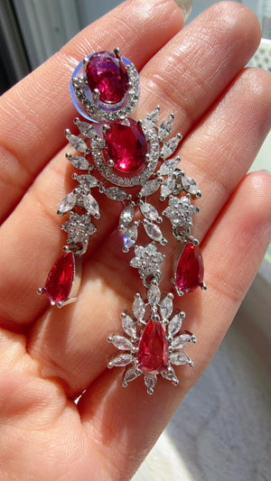Ruby CZ Statement Necklace Set | Silver Tone Indian Bridal Jewelry | Wedding & Reception Necklace