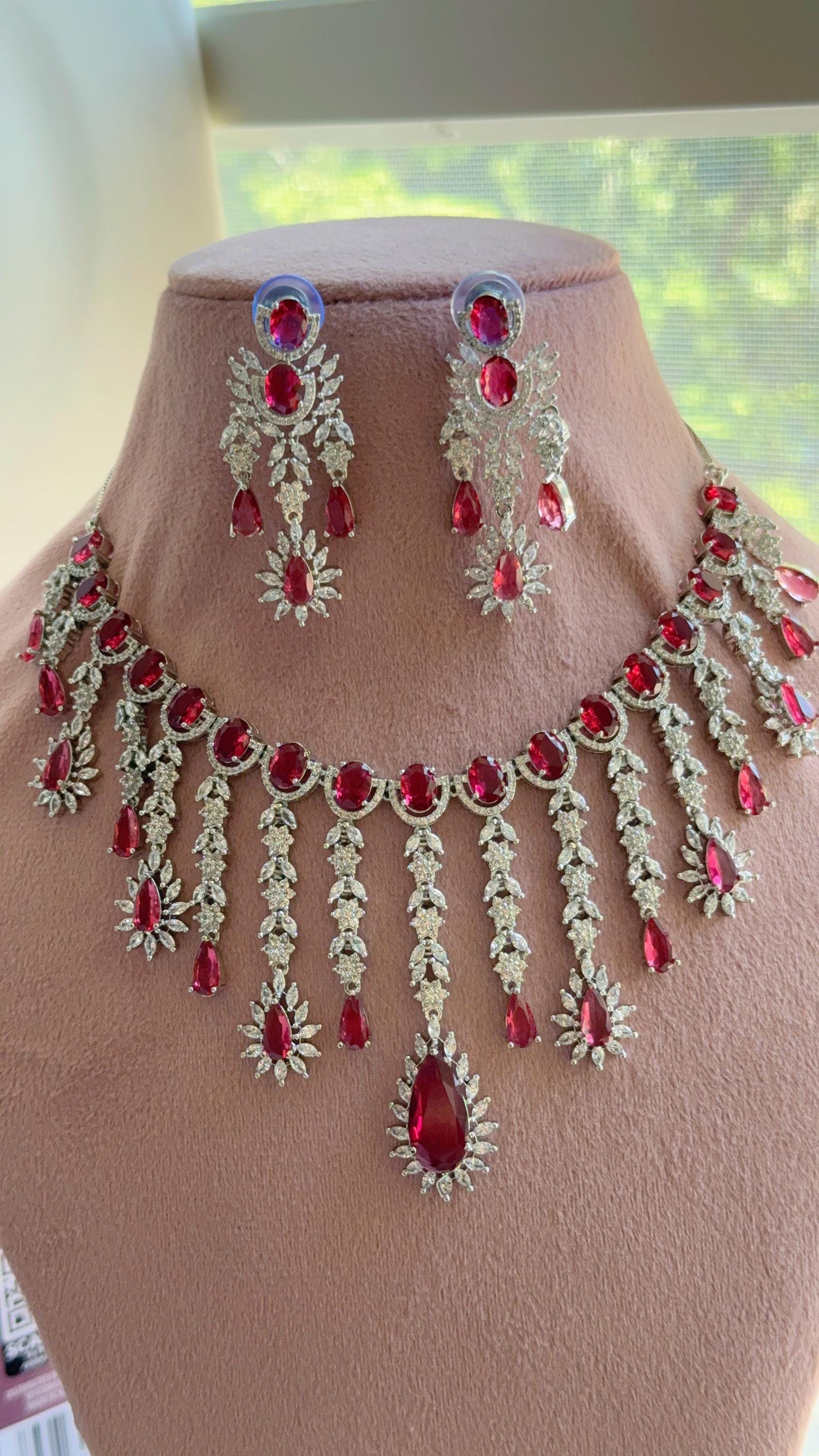 Ruby CZ Statement Necklace Set | Silver Tone Indian Bridal Jewelry | Wedding & Reception Necklace