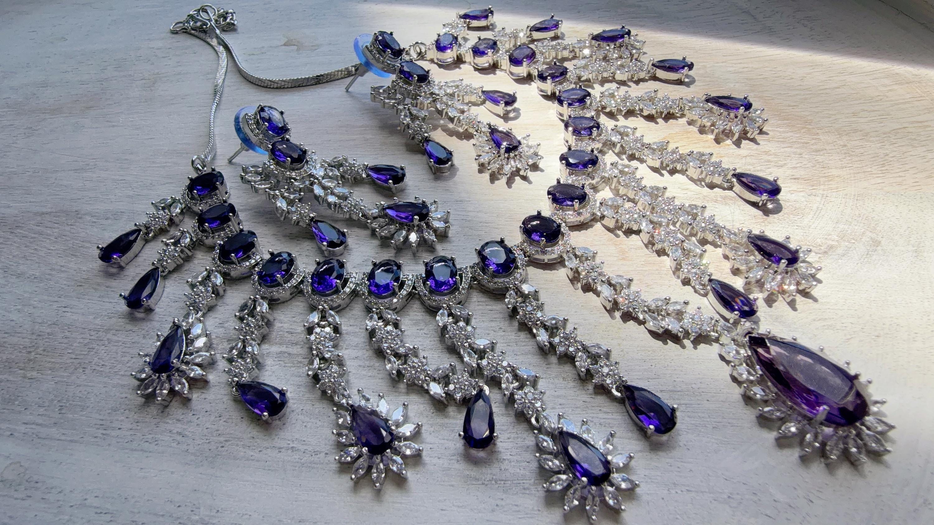 CZ Statement Purple Necklace Set | Silver Tone Indian Bridal Jewelry | Wedding & Reception Necklace