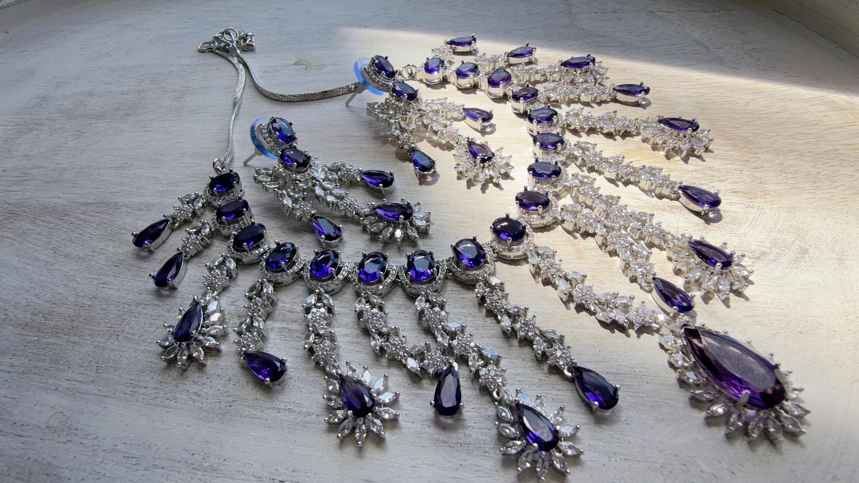 CZ Statement Purple Necklace Set | Silver Tone Indian Bridal Jewelry | Wedding & Reception Necklace