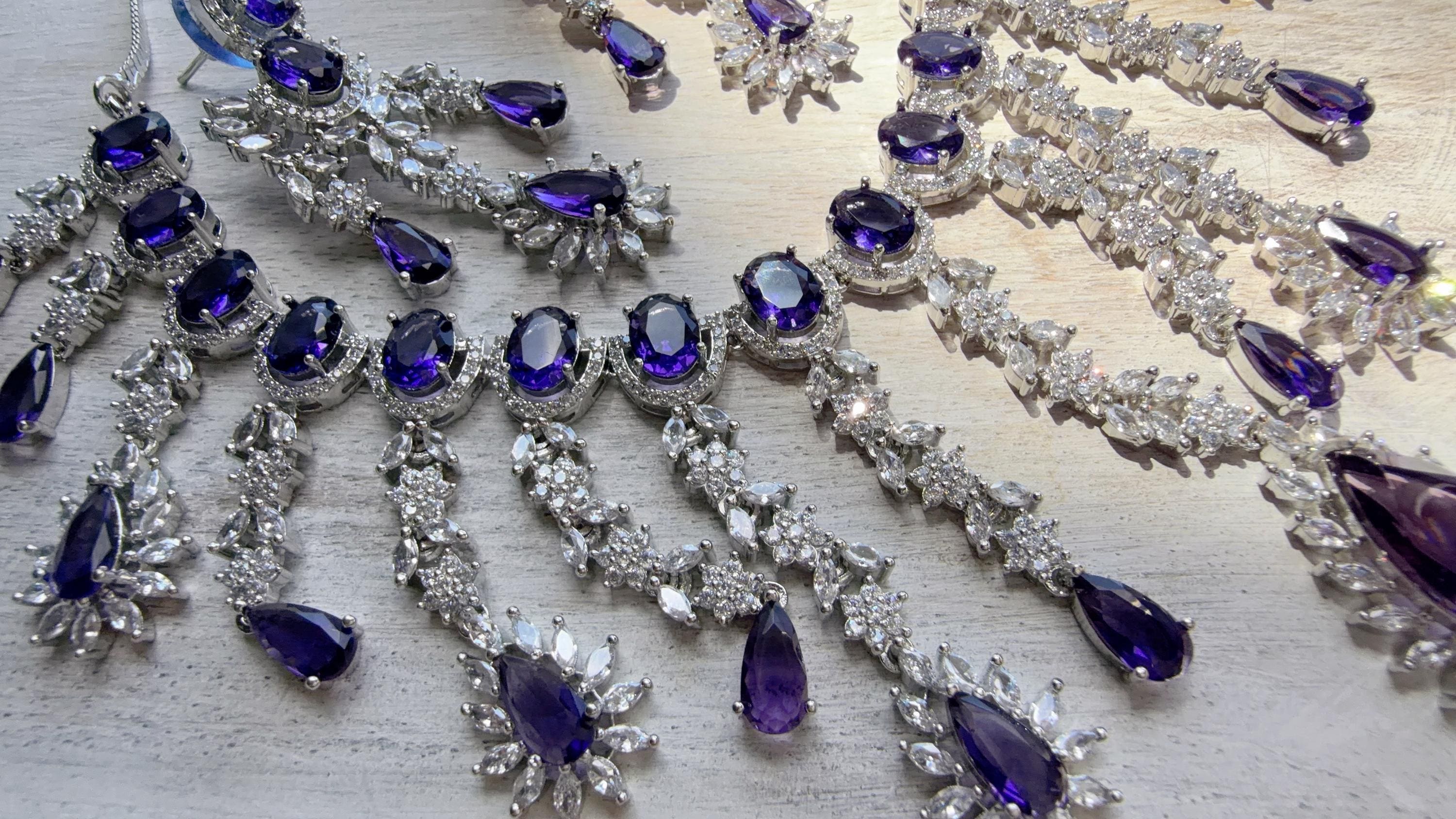 CZ Statement Purple Necklace Set | Silver Tone Indian Bridal Jewelry | Wedding & Reception Necklace