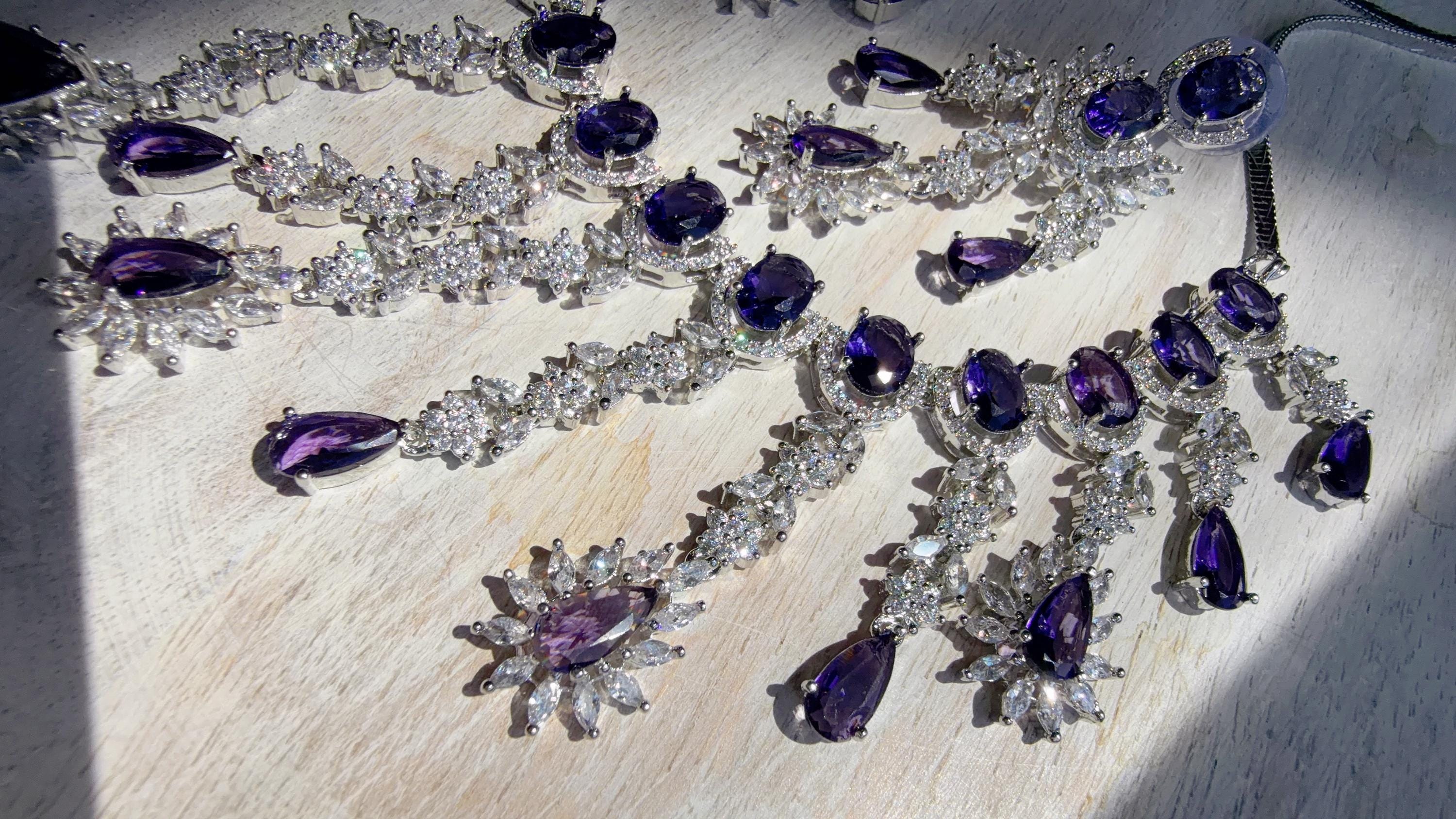 CZ Statement Purple Necklace Set | Silver Tone Indian Bridal Jewelry | Wedding & Reception Necklace