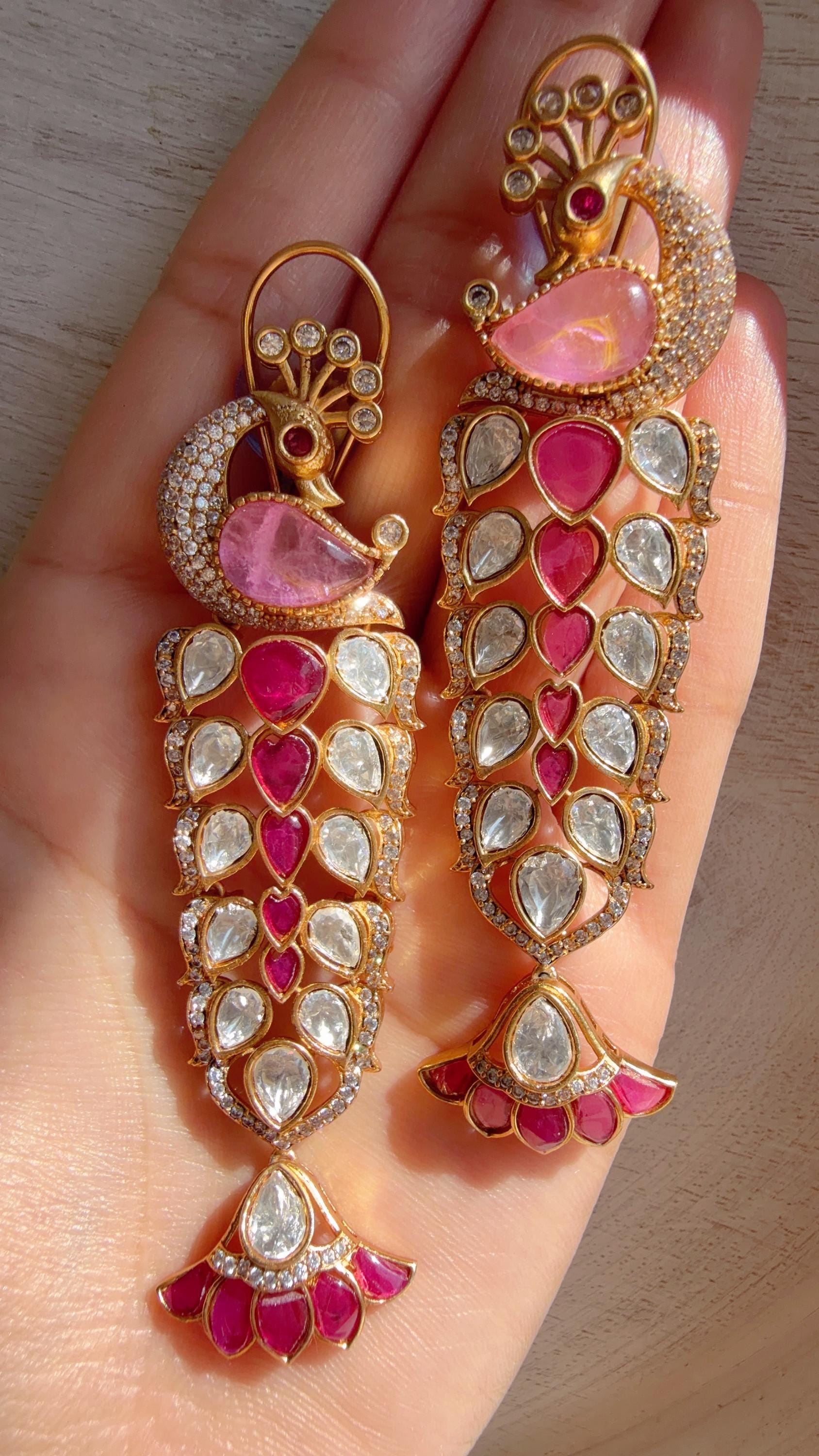Maya Ruby Pink Peacock danglers/Amrapali inspired Moissanite doublet Earrings/Elegant Statement Jewelry/Bridal jhumka