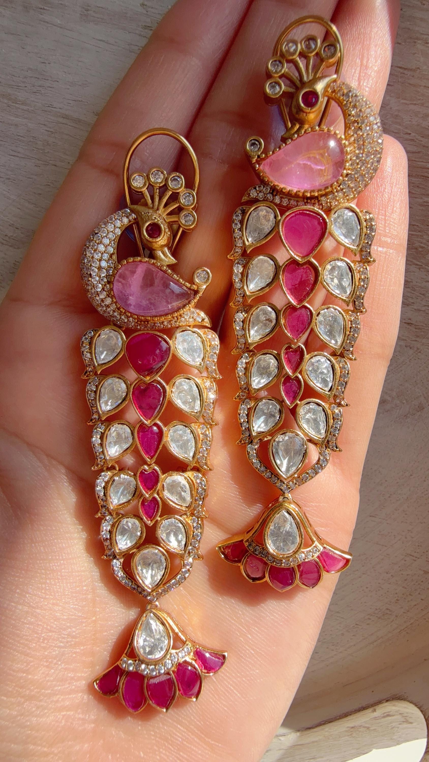 Maya Ruby Pink Peacock danglers/Amrapali inspired Moissanite doublet Earrings/Elegant Statement Jewelry/Bridal jhumka
