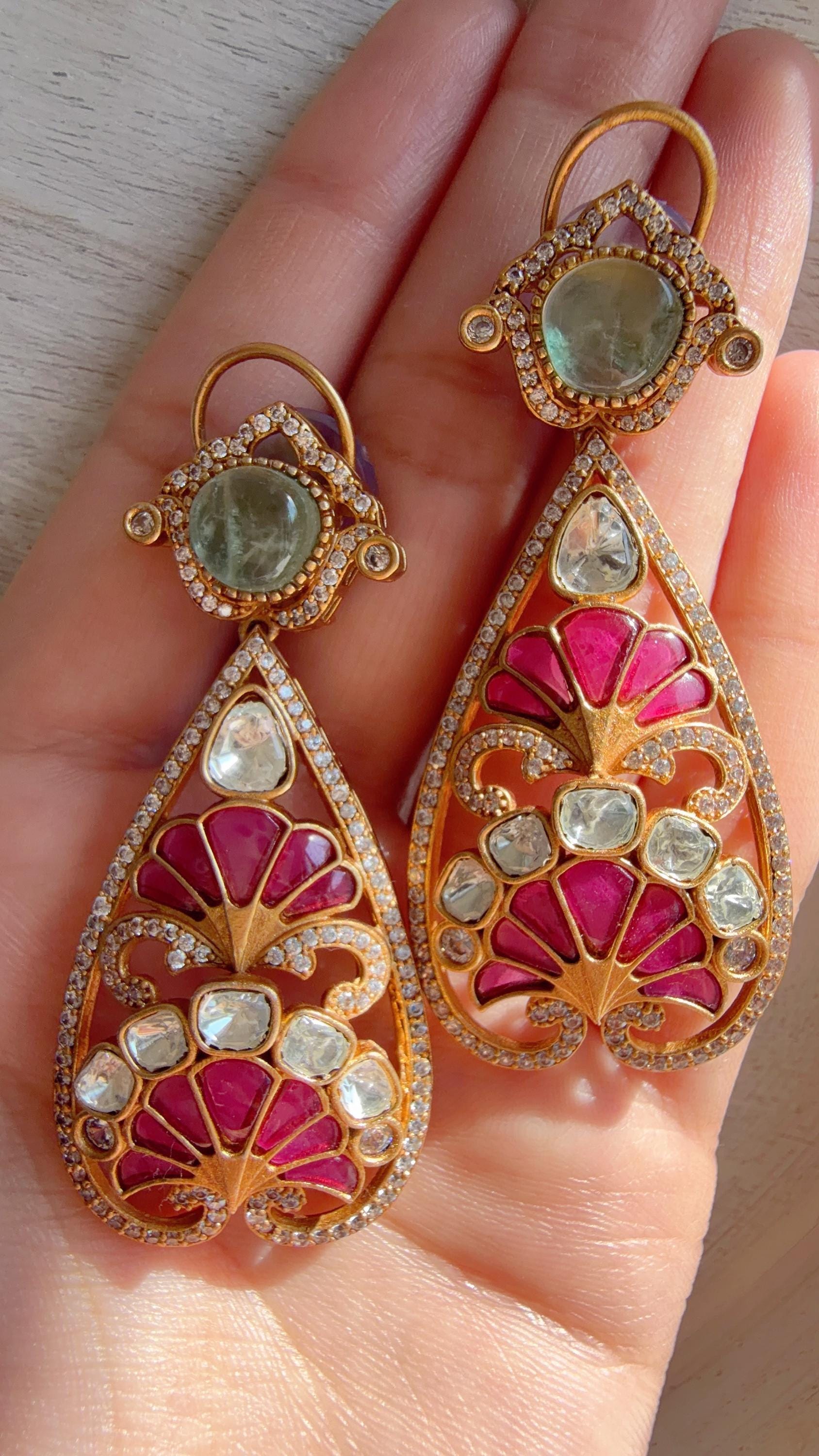Aria Mint Ruby danglers/Amrapali inspired Moissanite doublet Earrings/Elegant Statement Jewelry/Bridal jhumka
