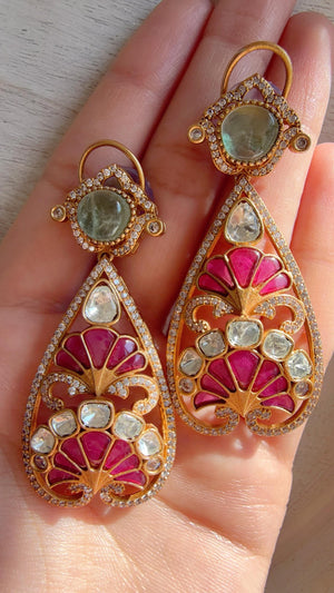 Aria Mint Ruby danglers/Amrapali inspired Moissanite doublet Earrings/Elegant Statement Jewelry/Bridal jhumka
