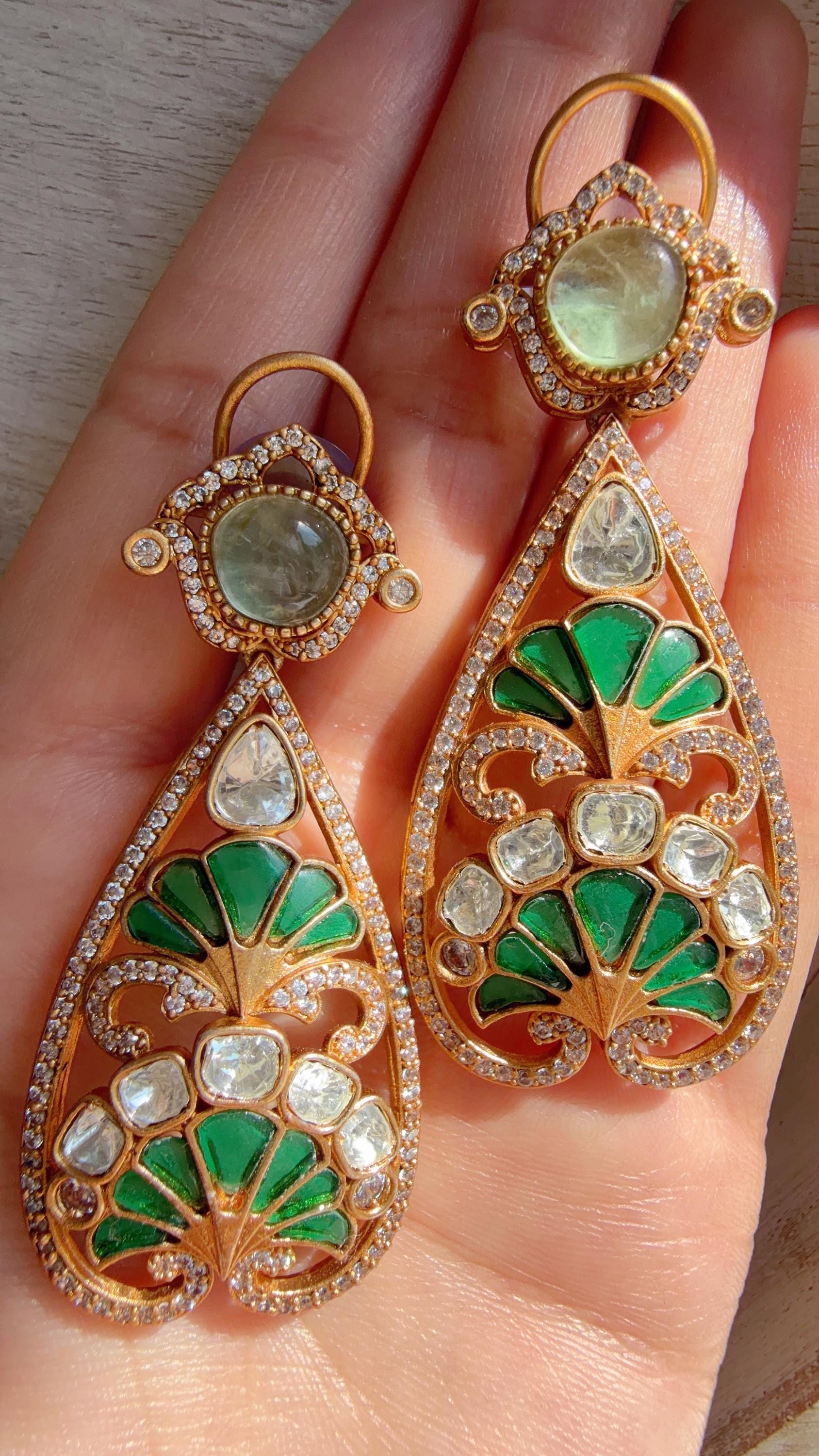 Aria Emerald Green danglers/Amrapali inspired Moissanite doublet Earrings/Elegant Statement Jewelry/Bridal jhumka