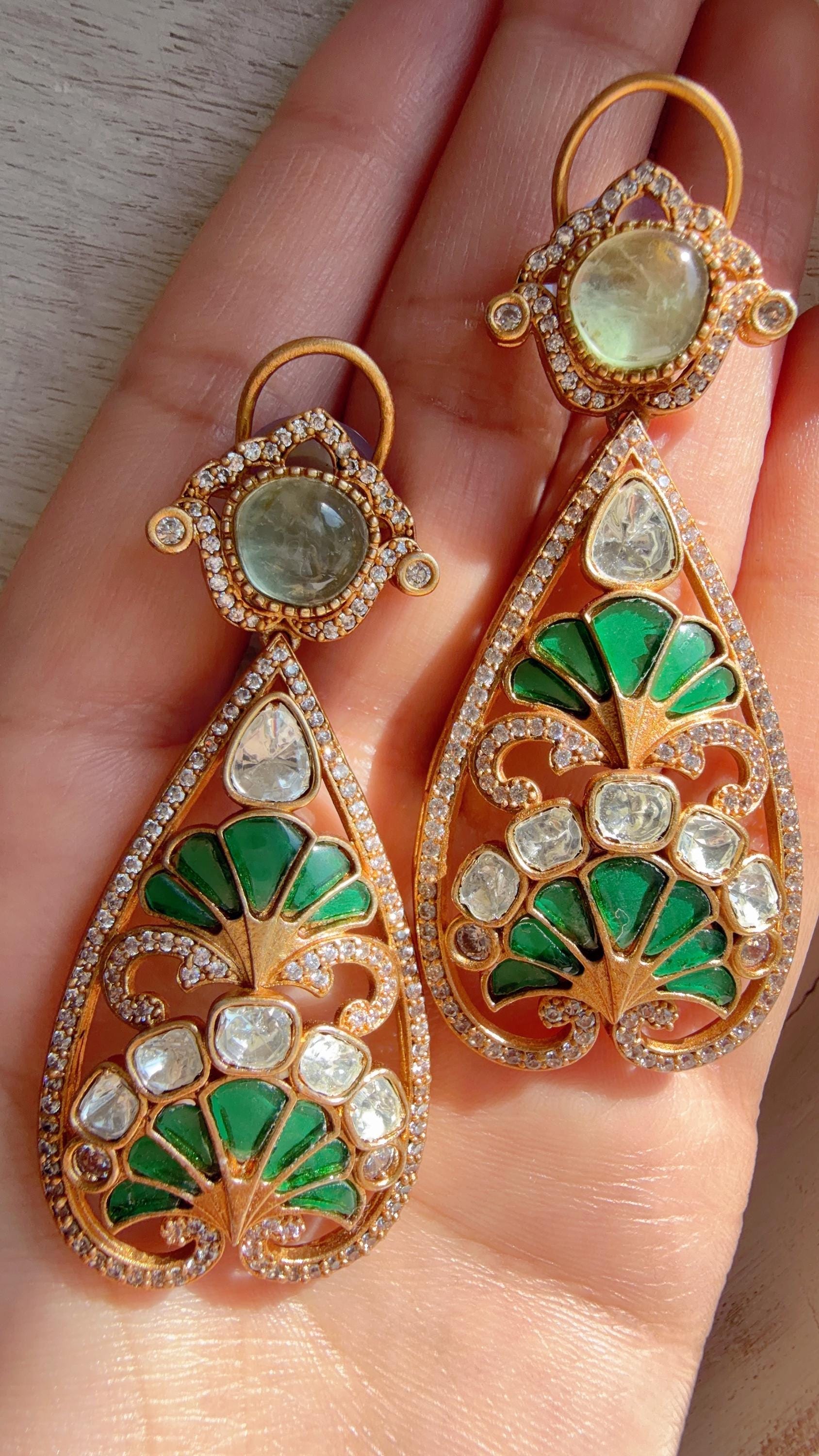 Aria Emerald Green danglers/Amrapali inspired Moissanite doublet Earrings/Elegant Statement Jewelry/Bridal jhumka