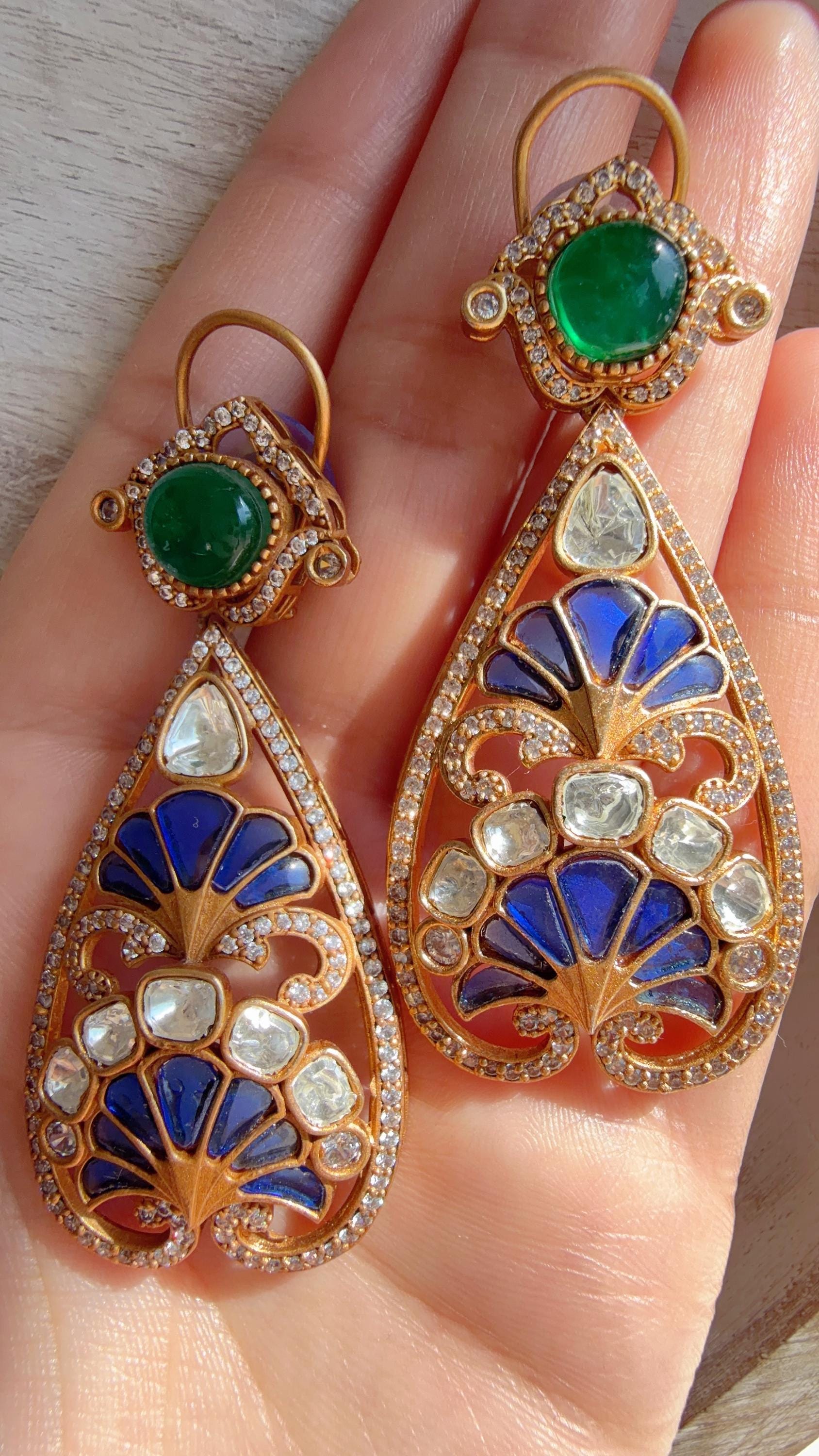 Aria Emerald Green Blue Mother of Pearl danglers/Amrapali inspired Moissanite doublet Earrings/Elegant Statement Jewelry/Bridal jhumka