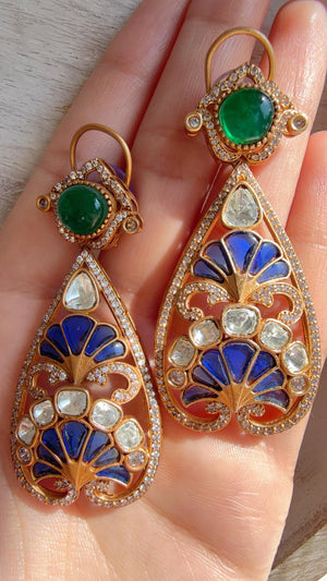 Aria Emerald Green Blue Mother of Pearl danglers/Amrapali inspired Moissanite doublet Earrings/Elegant Statement Jewelry/Bridal jhumka