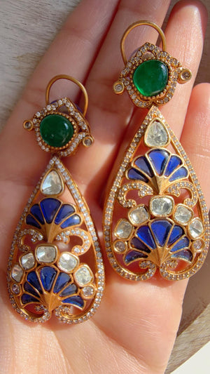 Aria Emerald Green Blue Mother of Pearl danglers/Amrapali inspired Moissanite doublet Earrings/Elegant Statement Jewelry/Bridal jhumka