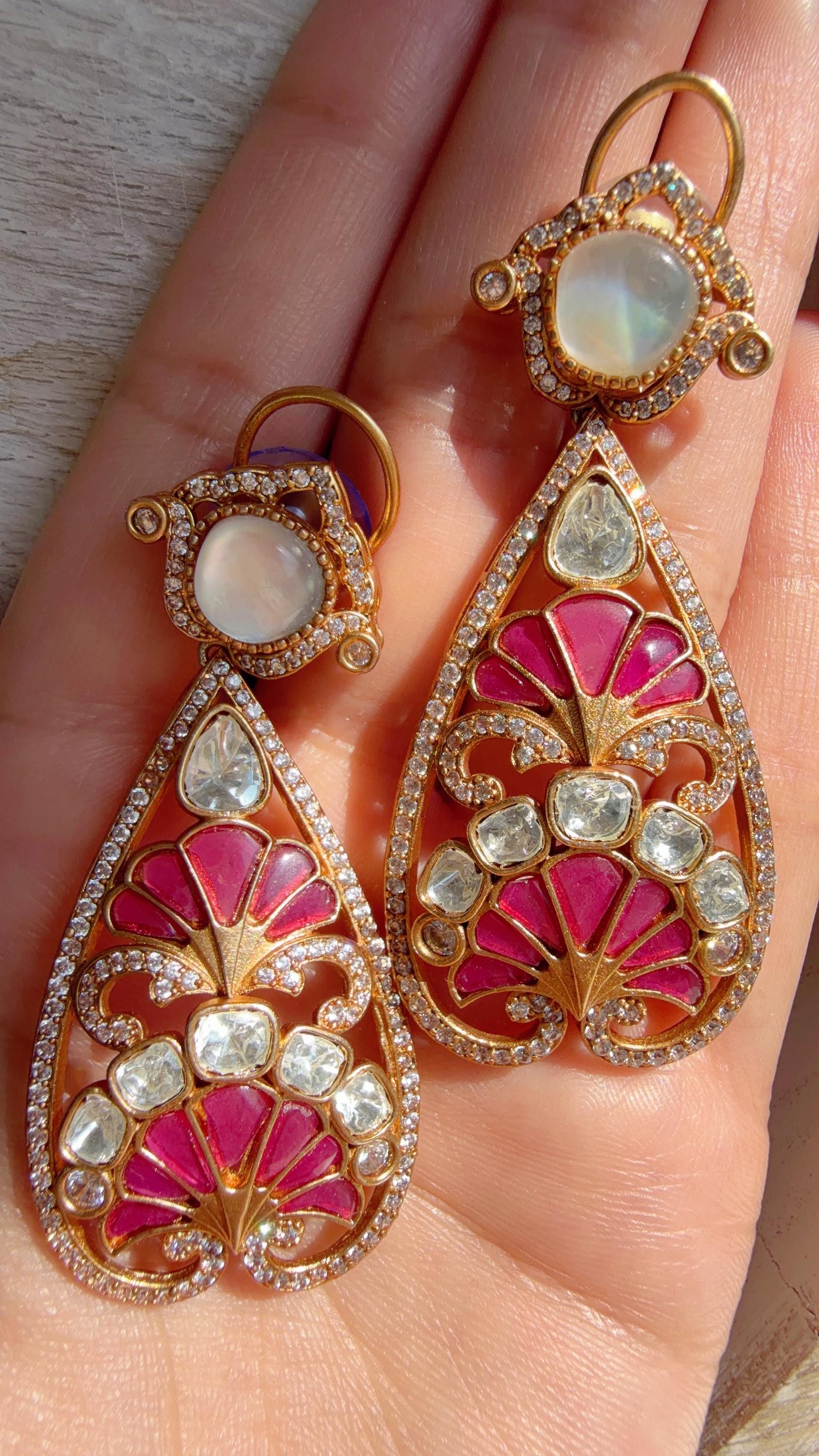 Aria Ruby danglers/Amrapali inspired Moissanite doublet Earrings/Elegant Statement Jewelry/Bridal jhumka